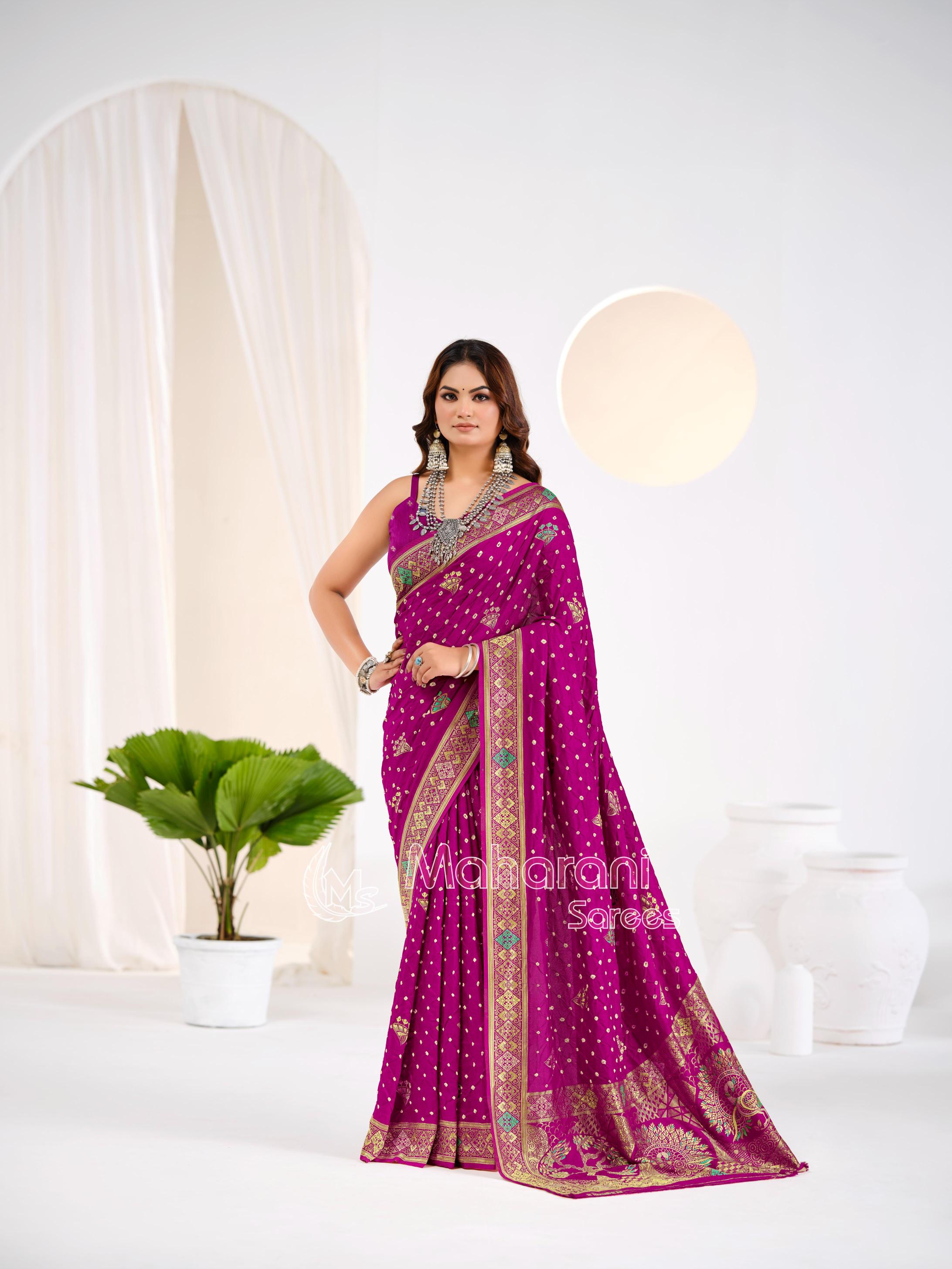 Wine Khaddi Gajji Silk Handloom Banarasi Bandhej  Saree