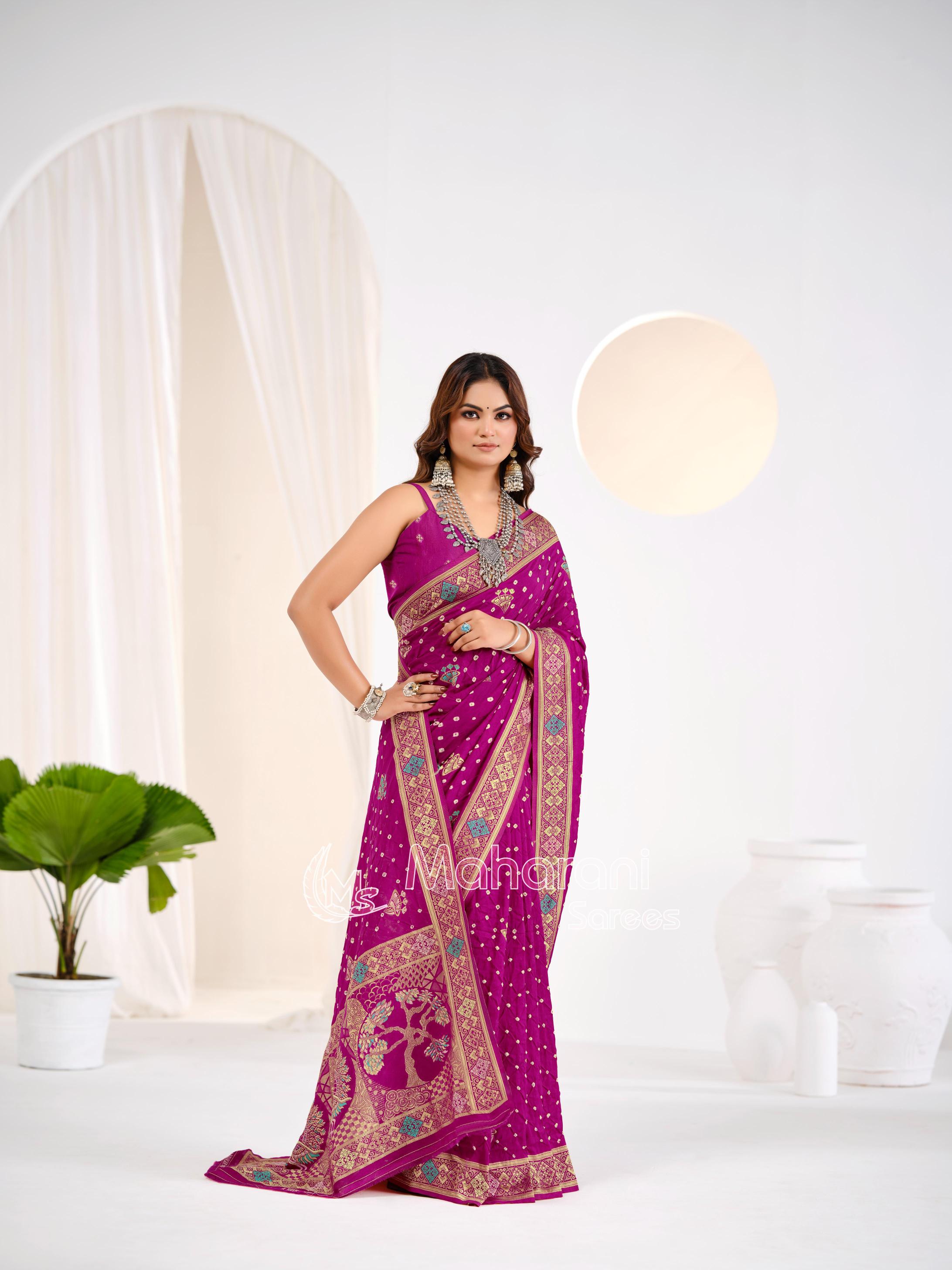 Wine Khaddi Gajji Silk Handloom Banarasi Bandhej  Saree