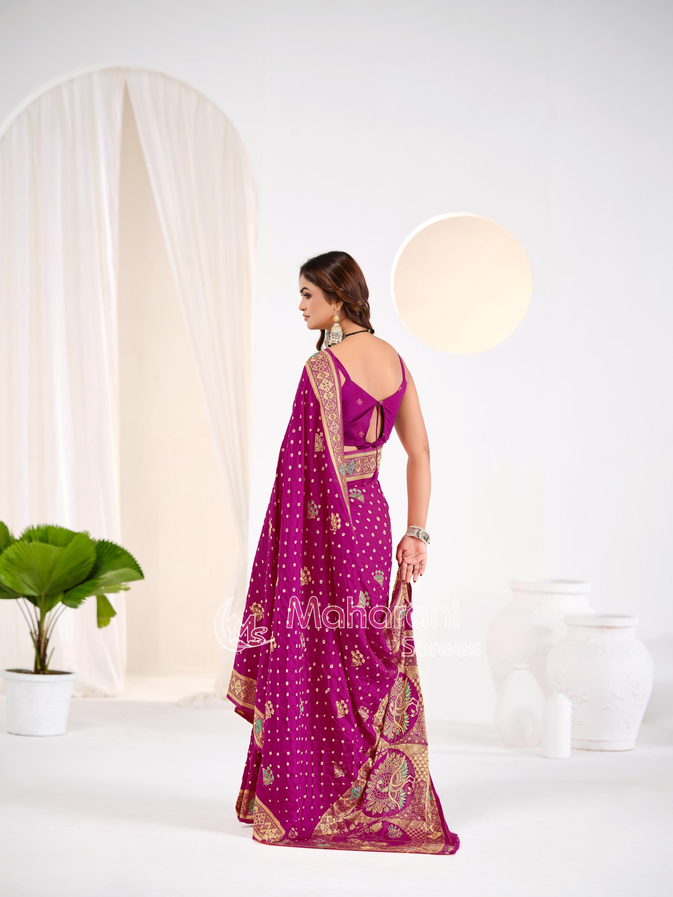 Wine Khaddi Gajji Silk Handloom Banarasi Bandhej  Saree