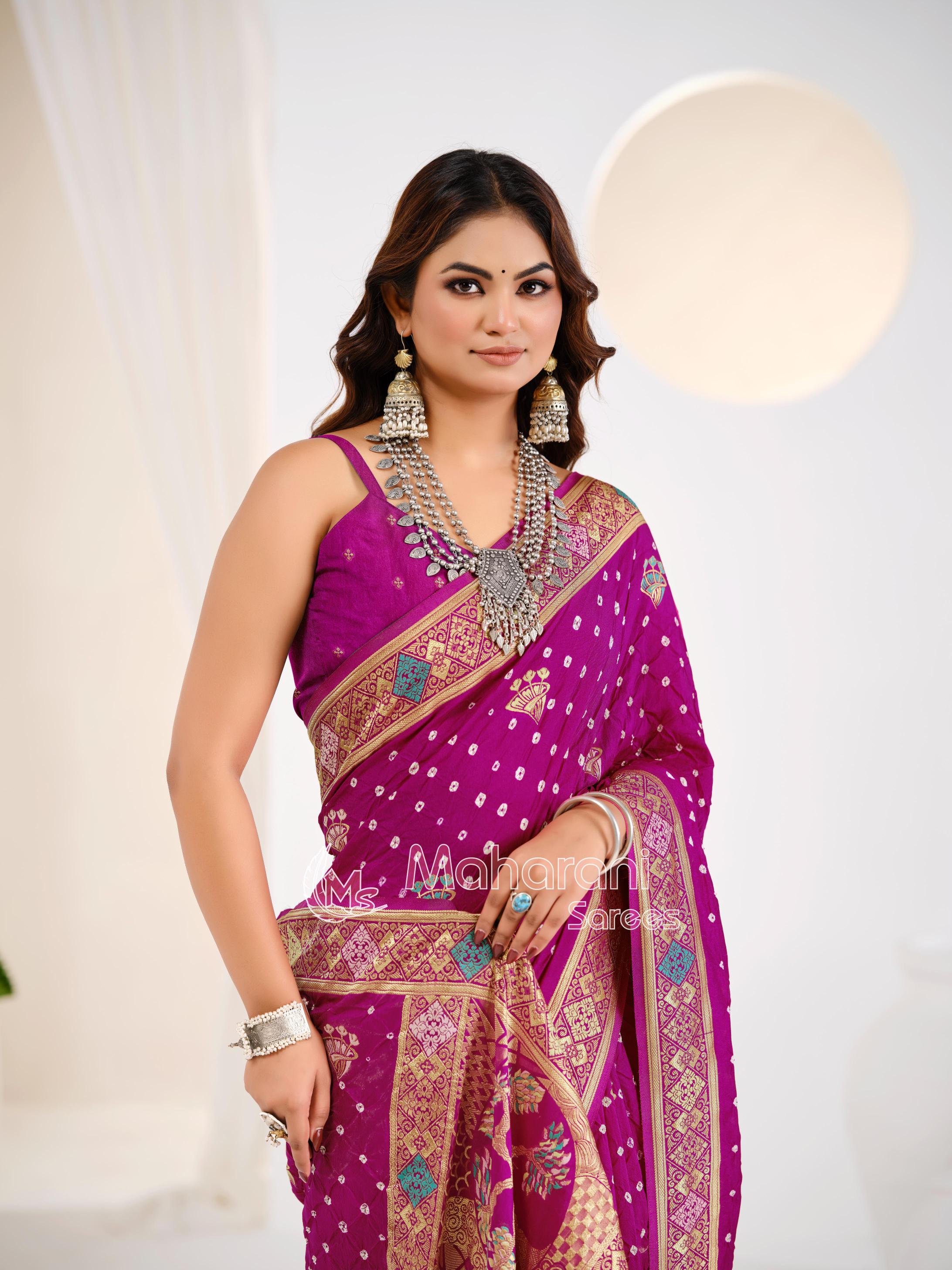 Wine Khaddi Gajji Silk Handloom Banarasi Bandhej  Saree