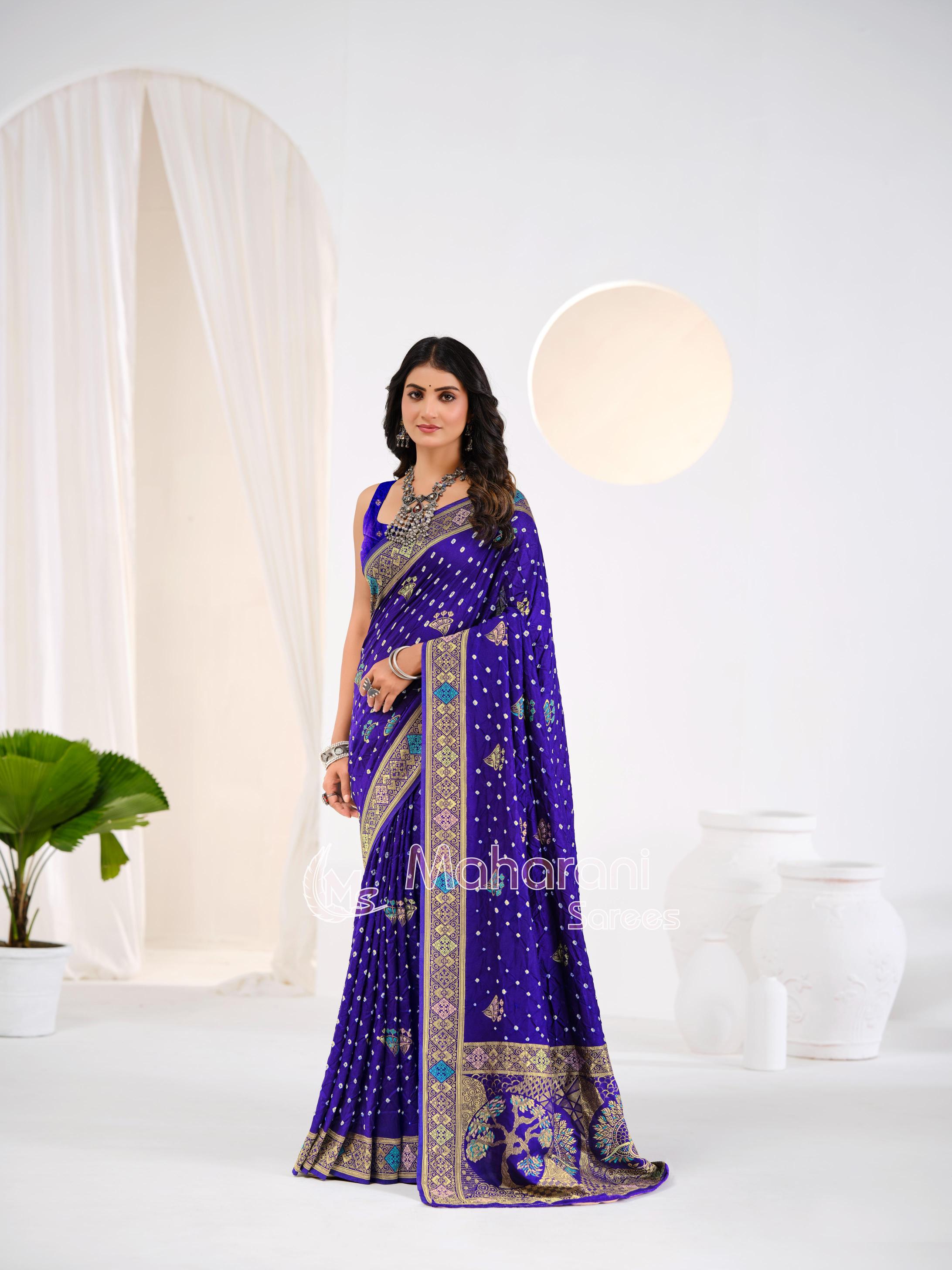 Royal Blue Khaddi Gajji Silk Handloom Banarasi Bandhej  Saree