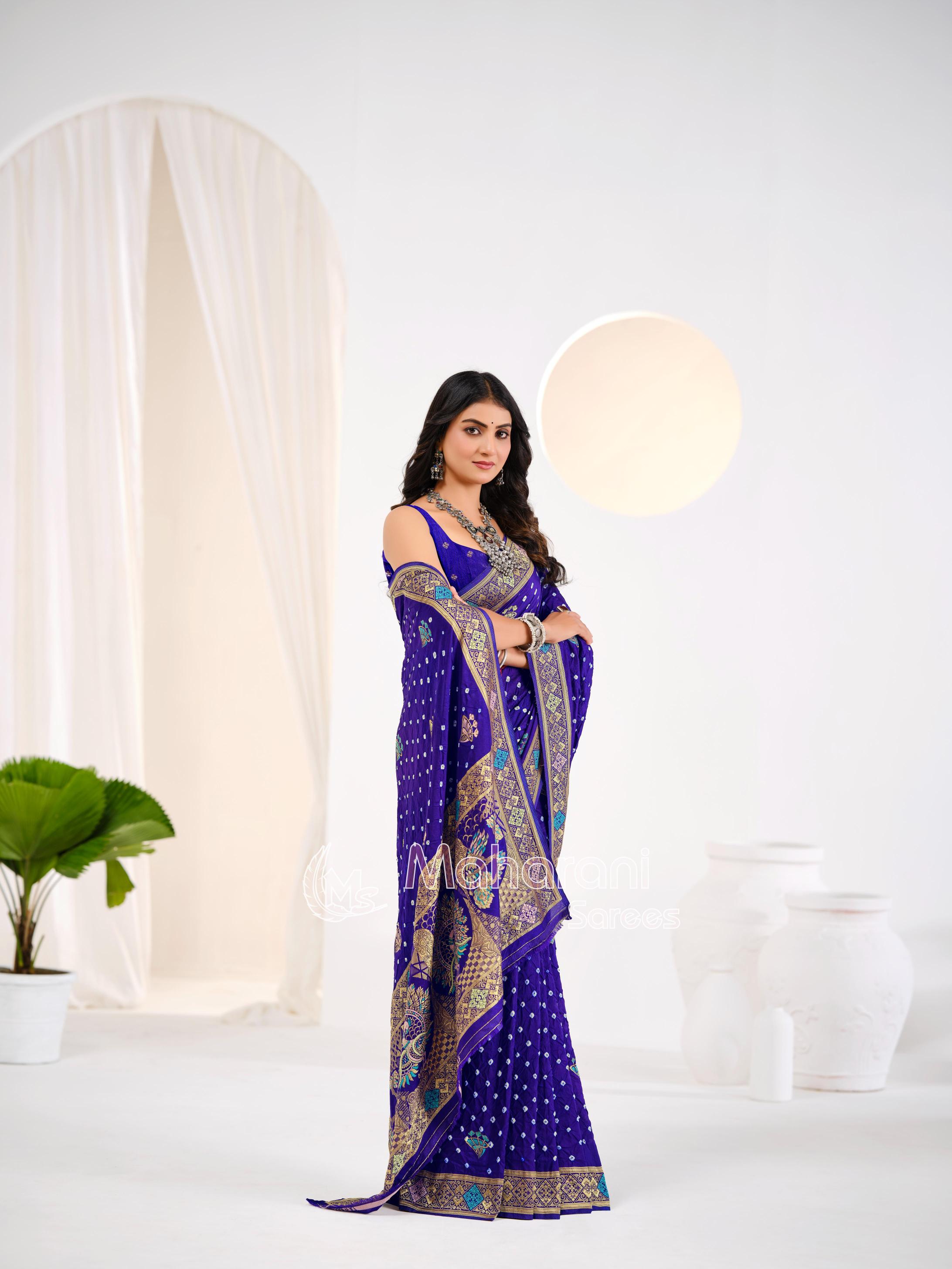 Royal Blue Khaddi Gajji Silk Handloom Banarasi Bandhej  Saree