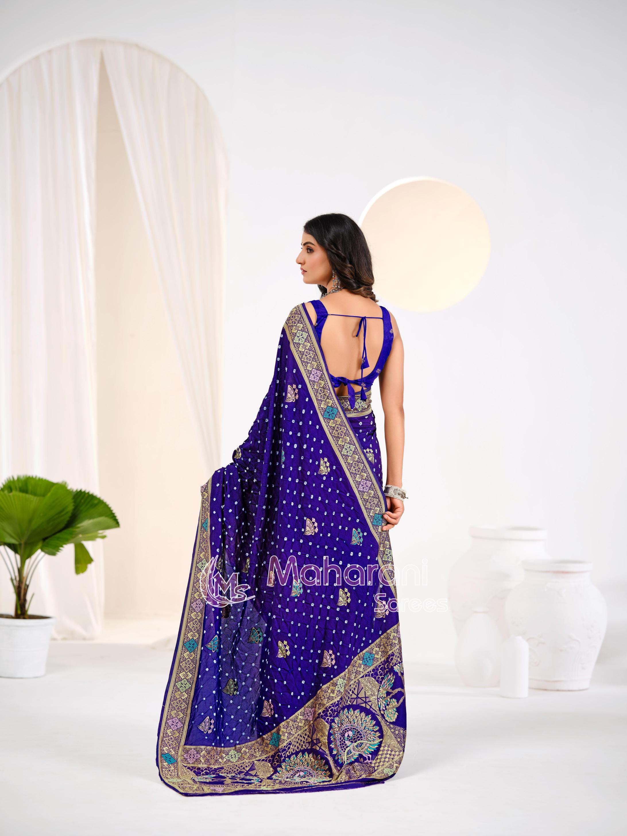 Royal Blue Khaddi Gajji Silk Handloom Banarasi Bandhej  Saree