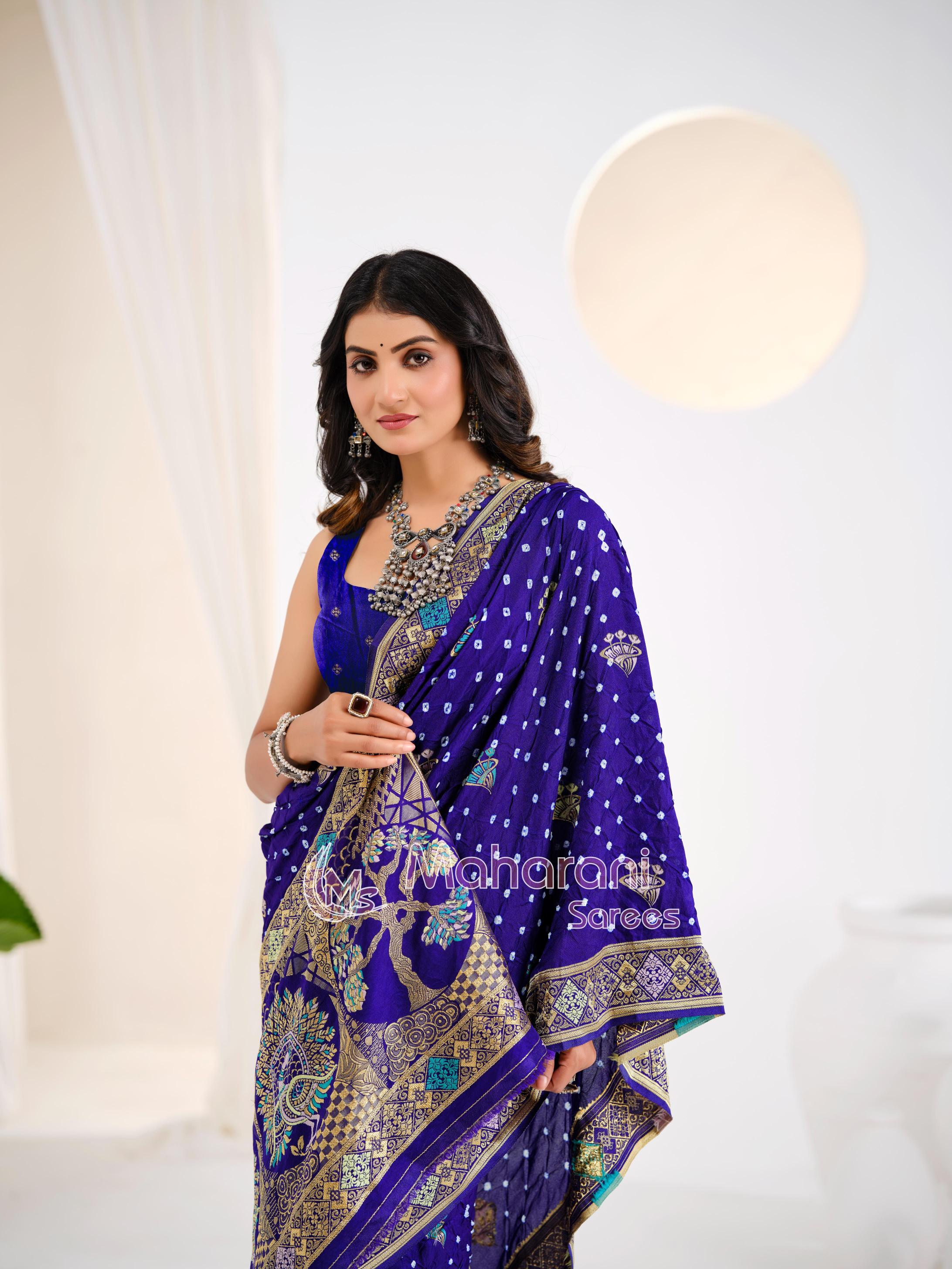 Royal Blue Khaddi Gajji Silk Handloom Banarasi Bandhej  Saree