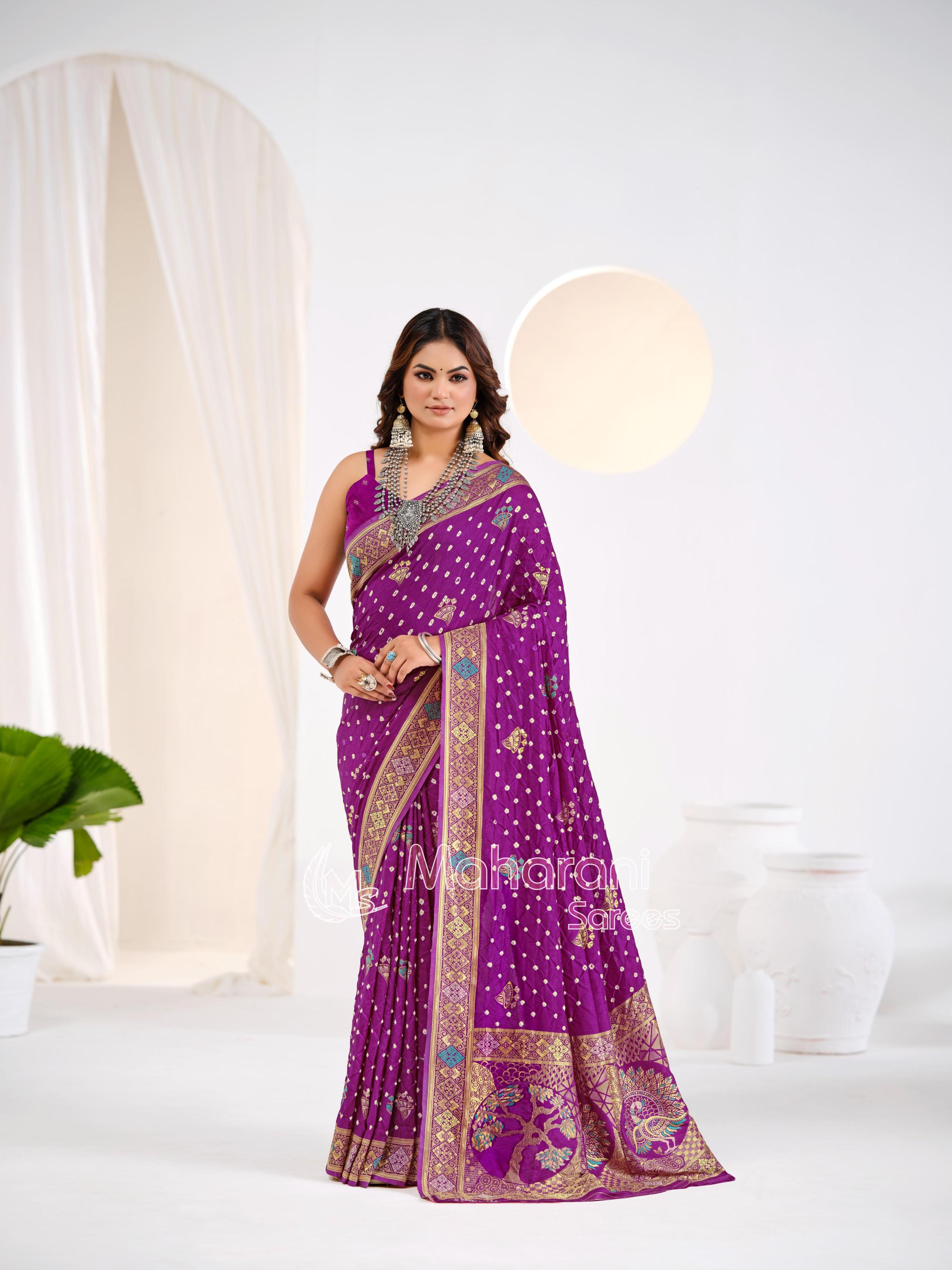 Purple Khaddi Gajji Silk Handloom Banarasi Bandhej  Saree