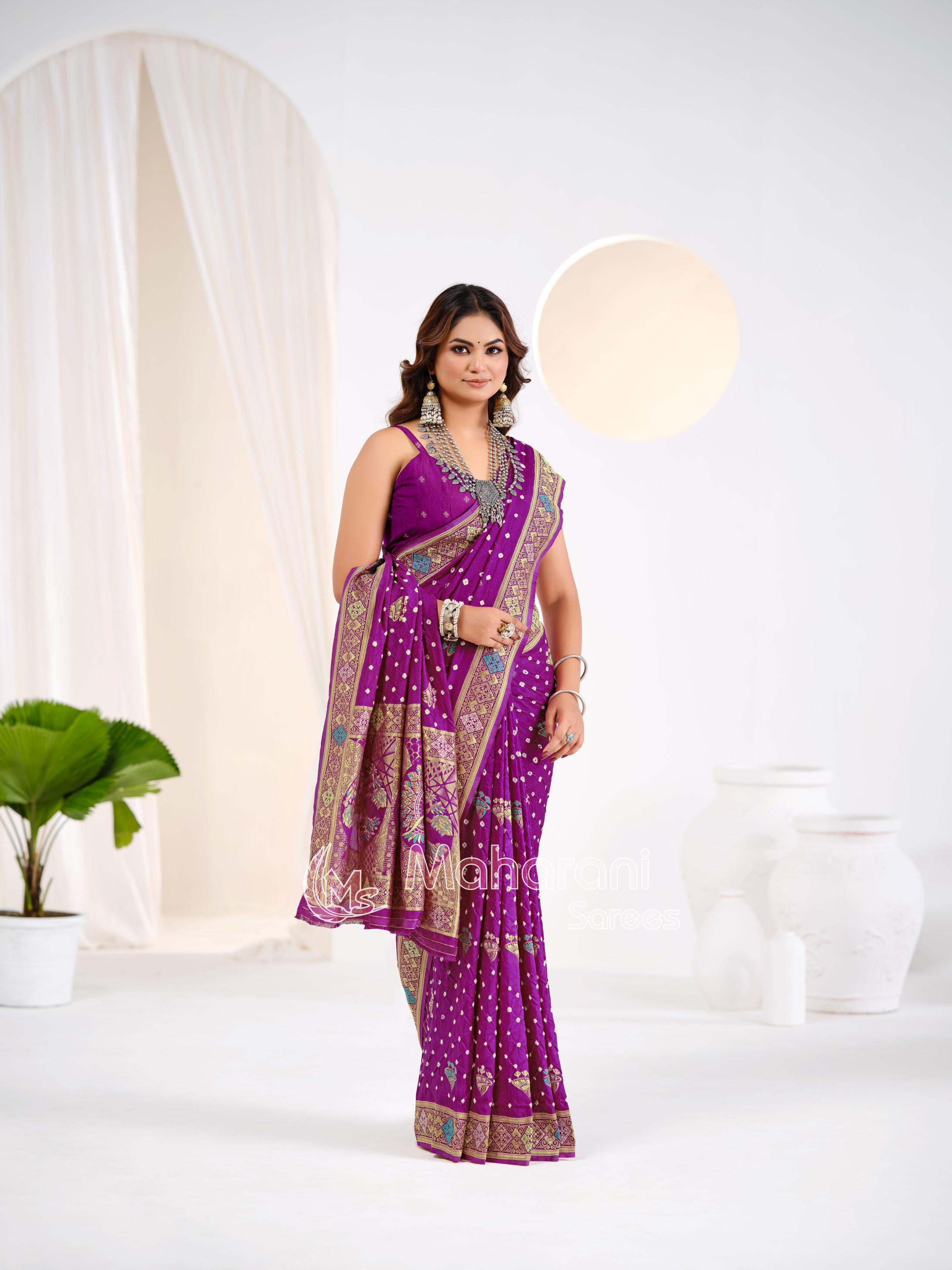 Purple Khaddi Gajji Silk Handloom Banarasi Bandhej  Saree