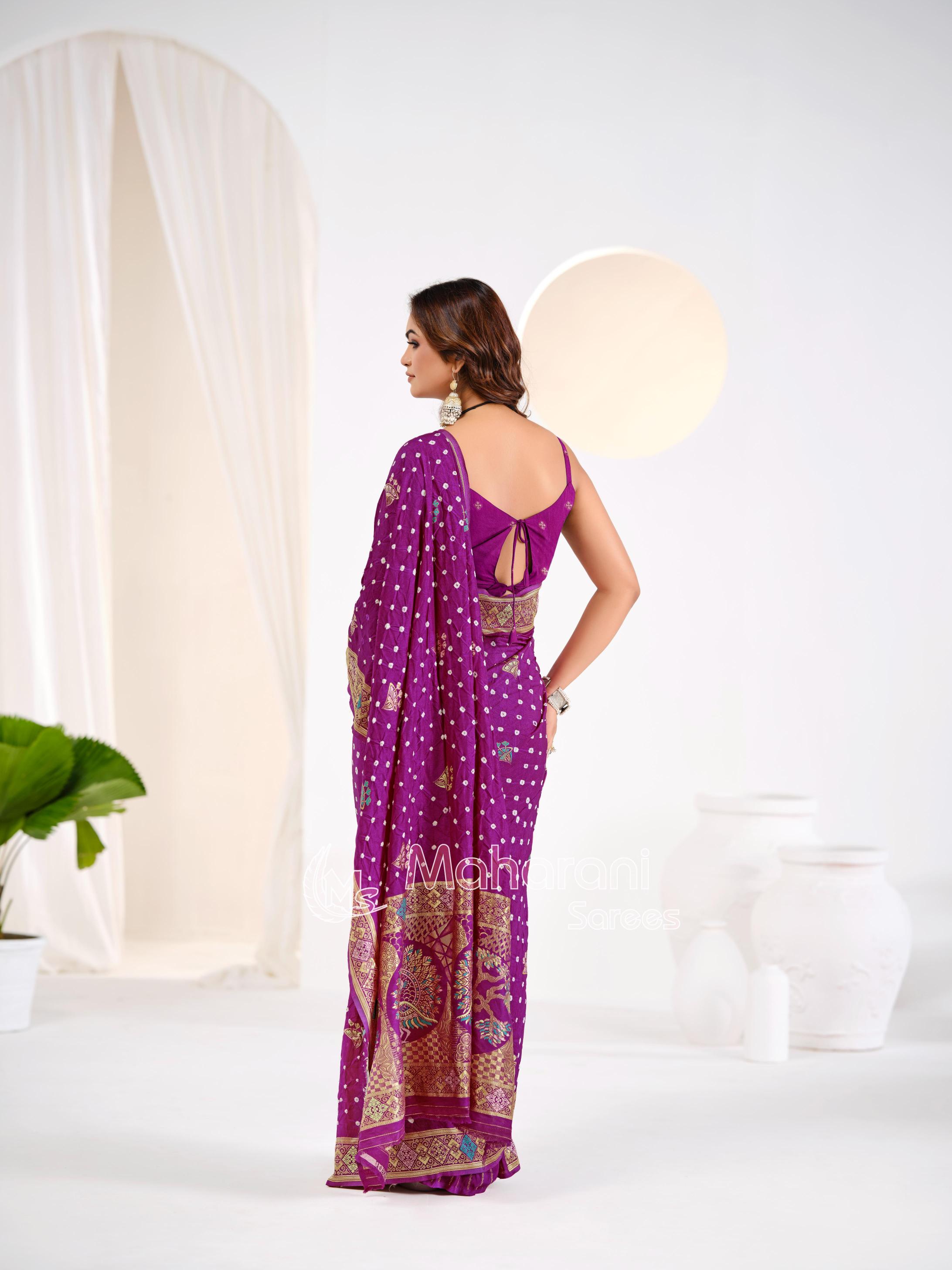 Purple Khaddi Gajji Silk Handloom Banarasi Bandhej  Saree