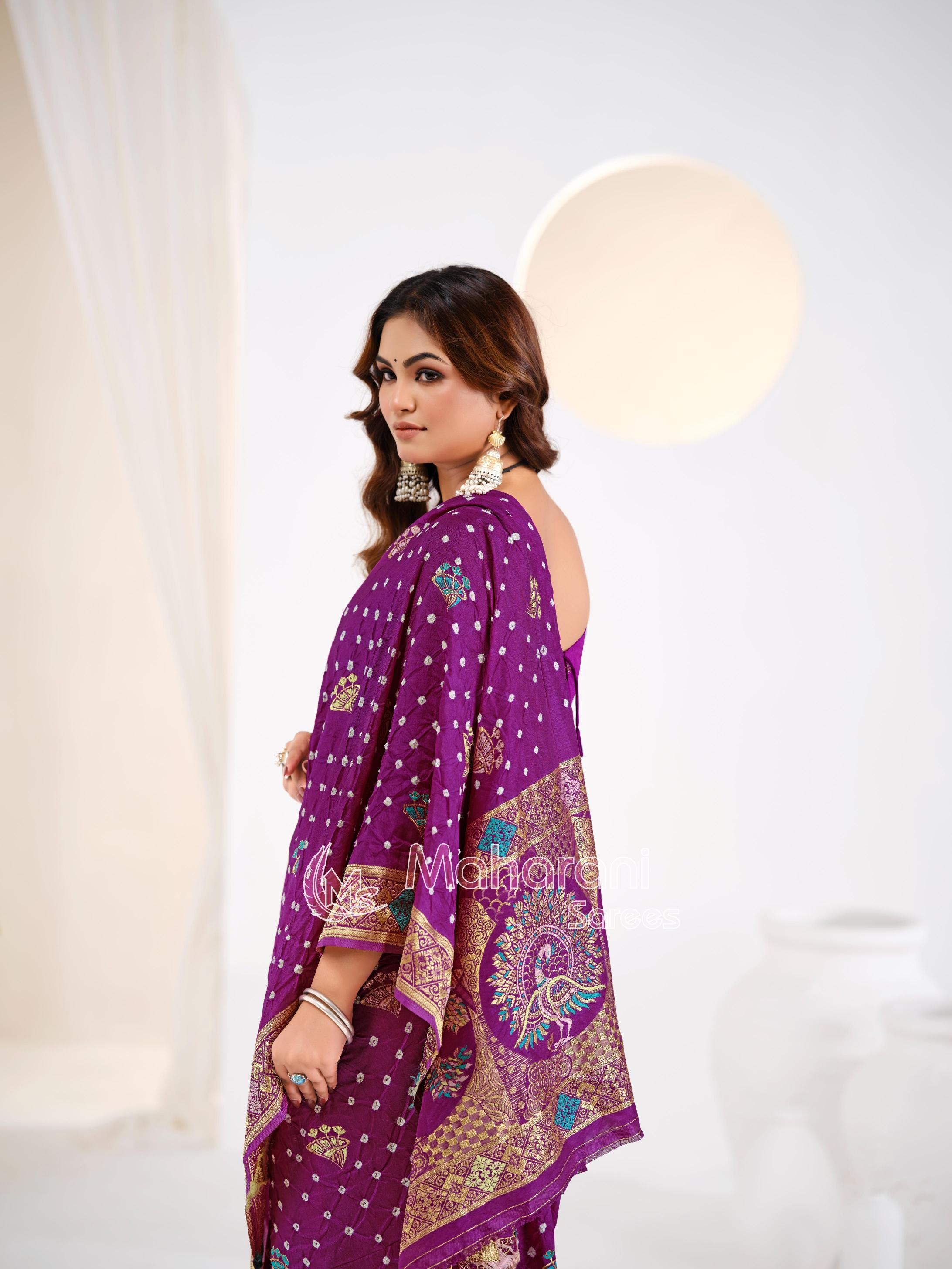 Purple Khaddi Gajji Silk Handloom Banarasi Bandhej  Saree