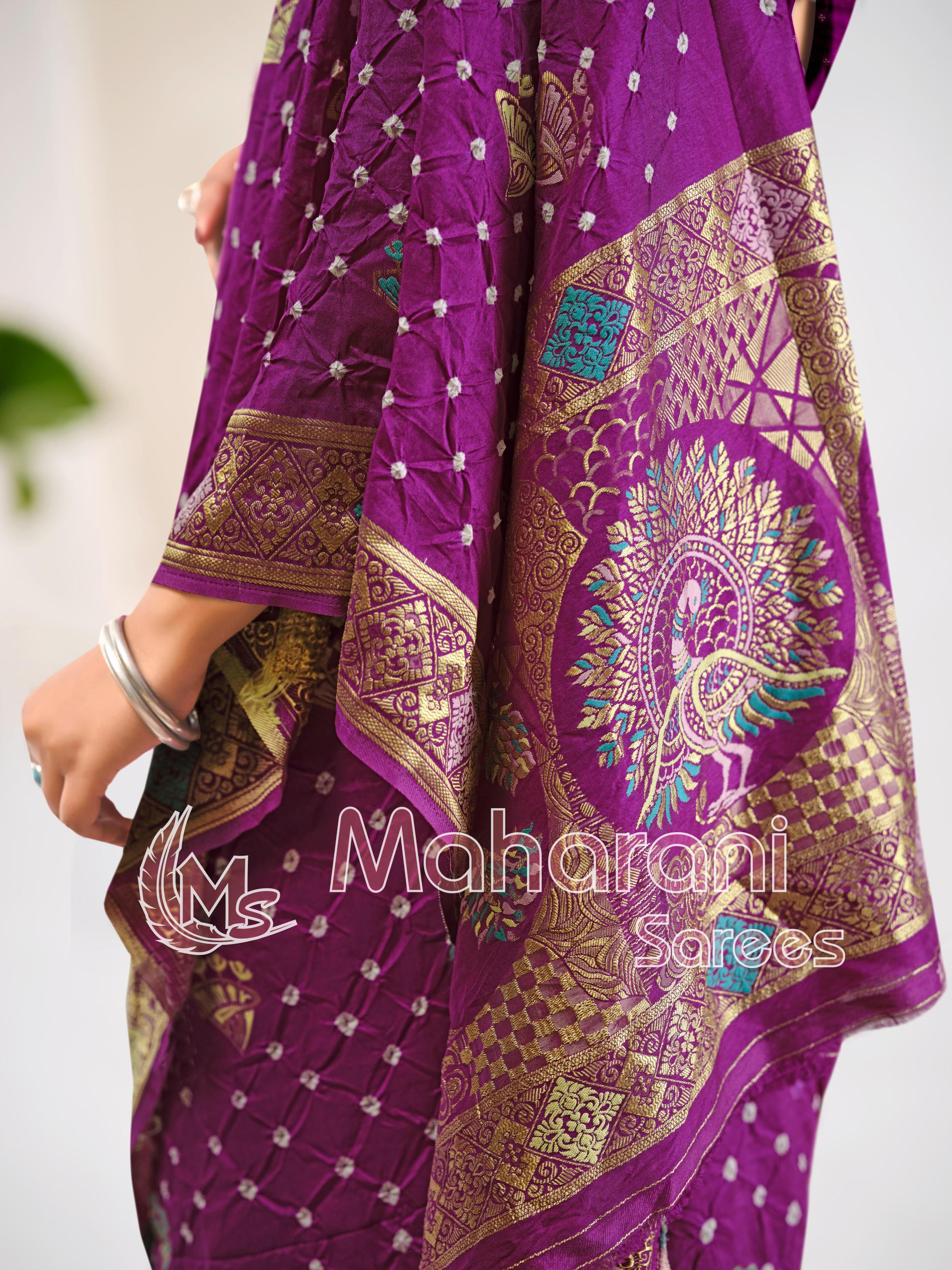 Purple Khaddi Gajji Silk Handloom Banarasi Bandhej  Saree