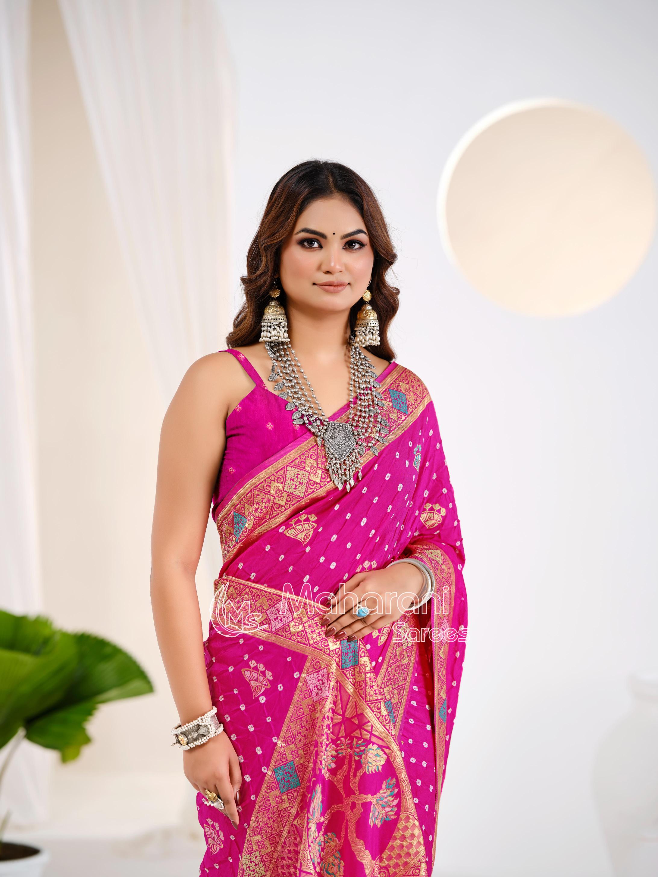 Rani Khaddi Gajji Silk Handloom Banarasi Bandhej  Saree