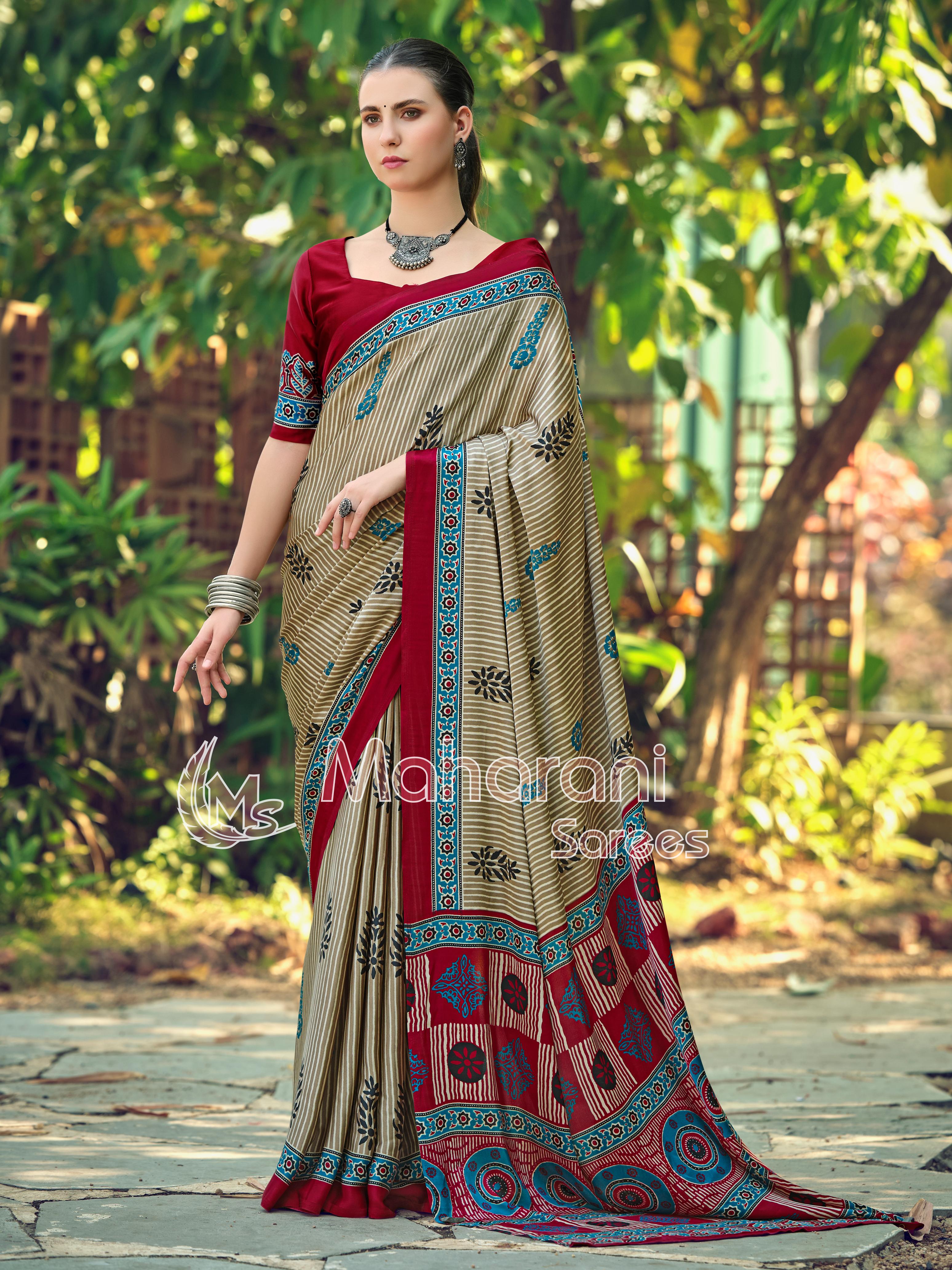 Creem and Maroon Striped Ajrakh Hand-Printed Modal Silk Saree