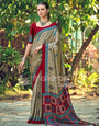Creem and Maroon Striped Ajrakh Hand-Printed Modal Silk Saree