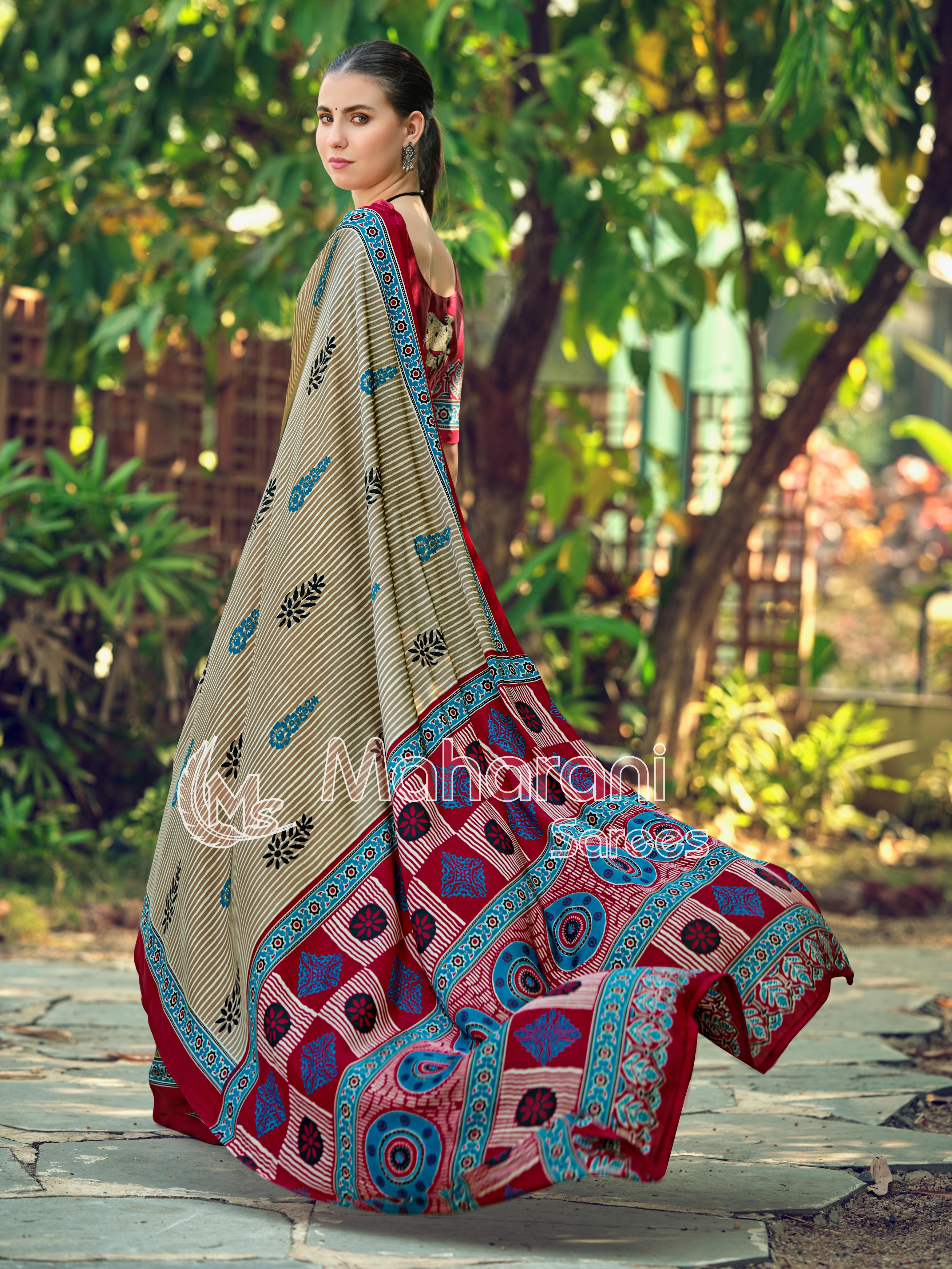 Creem and Maroon Striped Ajrakh Hand-Printed Modal Silk Saree