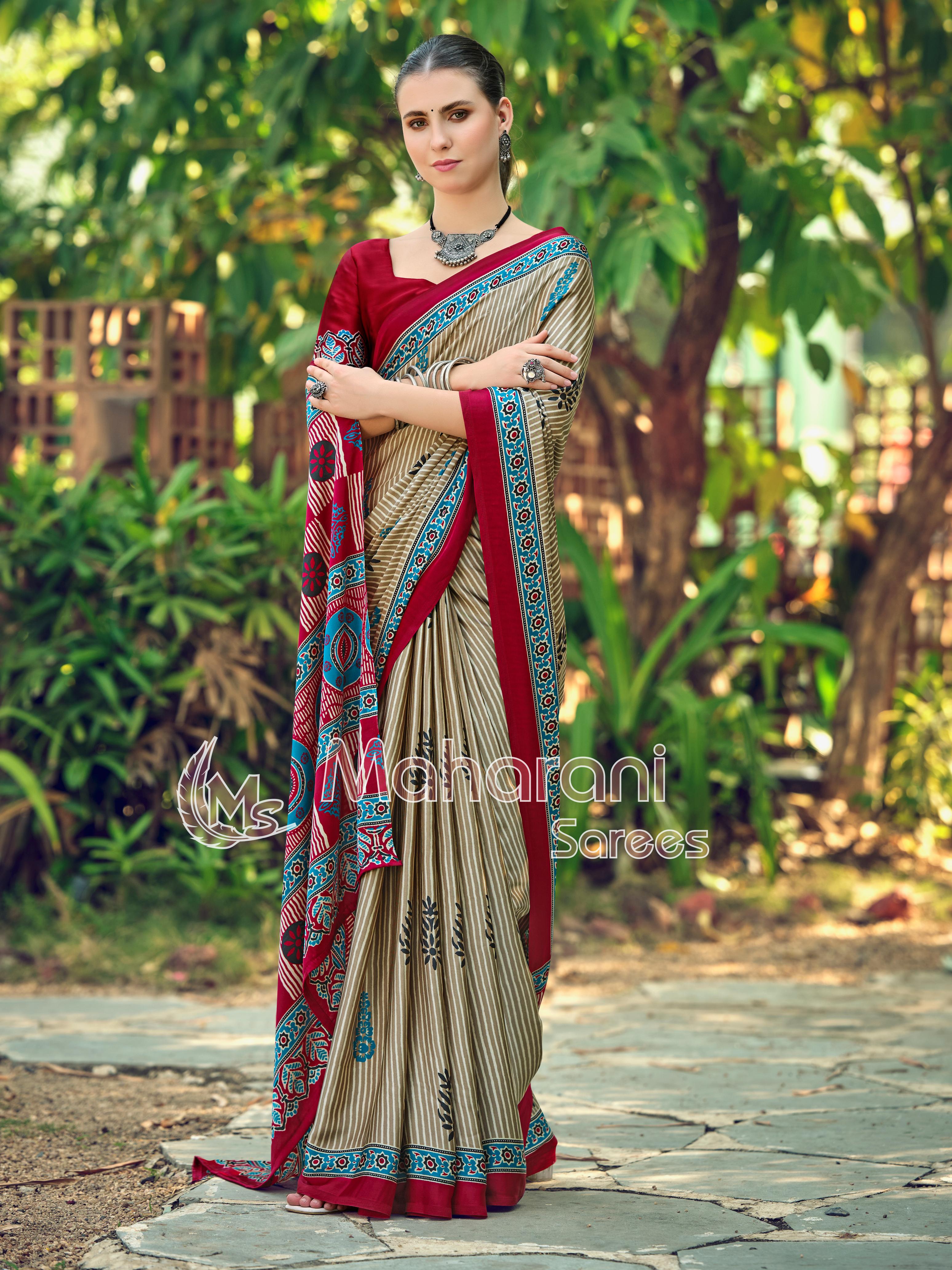 Creem and Maroon Striped Ajrakh Hand-Printed Modal Silk Saree