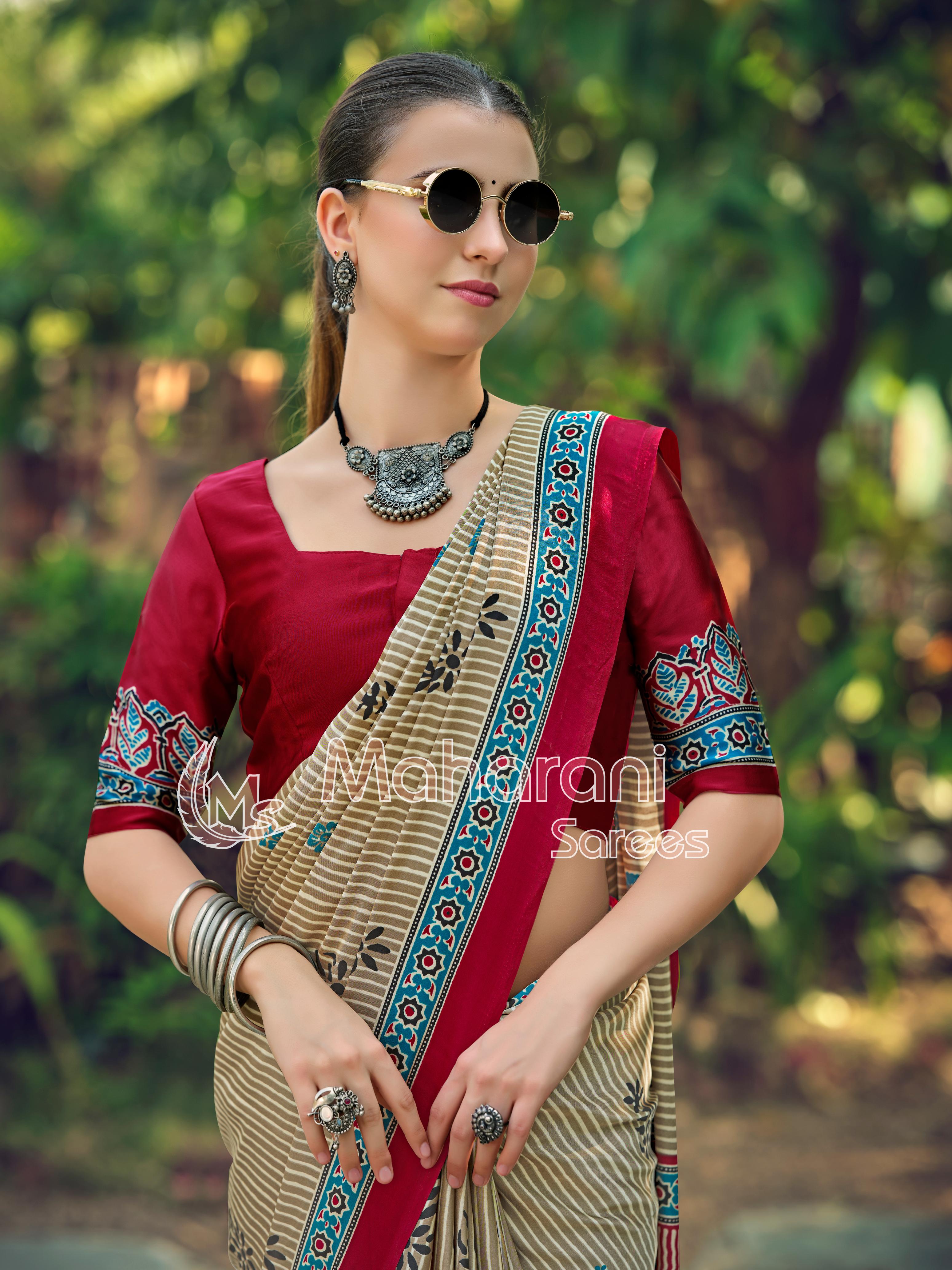 Creem and Maroon Striped Ajrakh Hand-Printed Modal Silk Saree