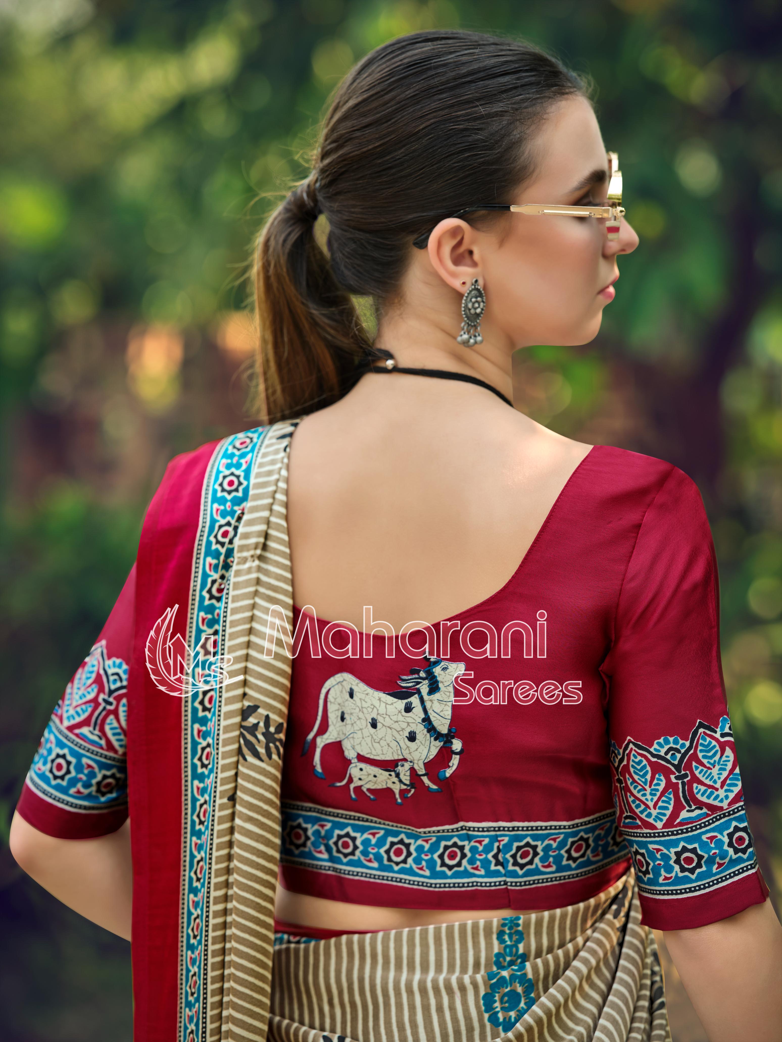 Creem and Maroon Striped Ajrakh Hand-Printed Modal Silk Saree