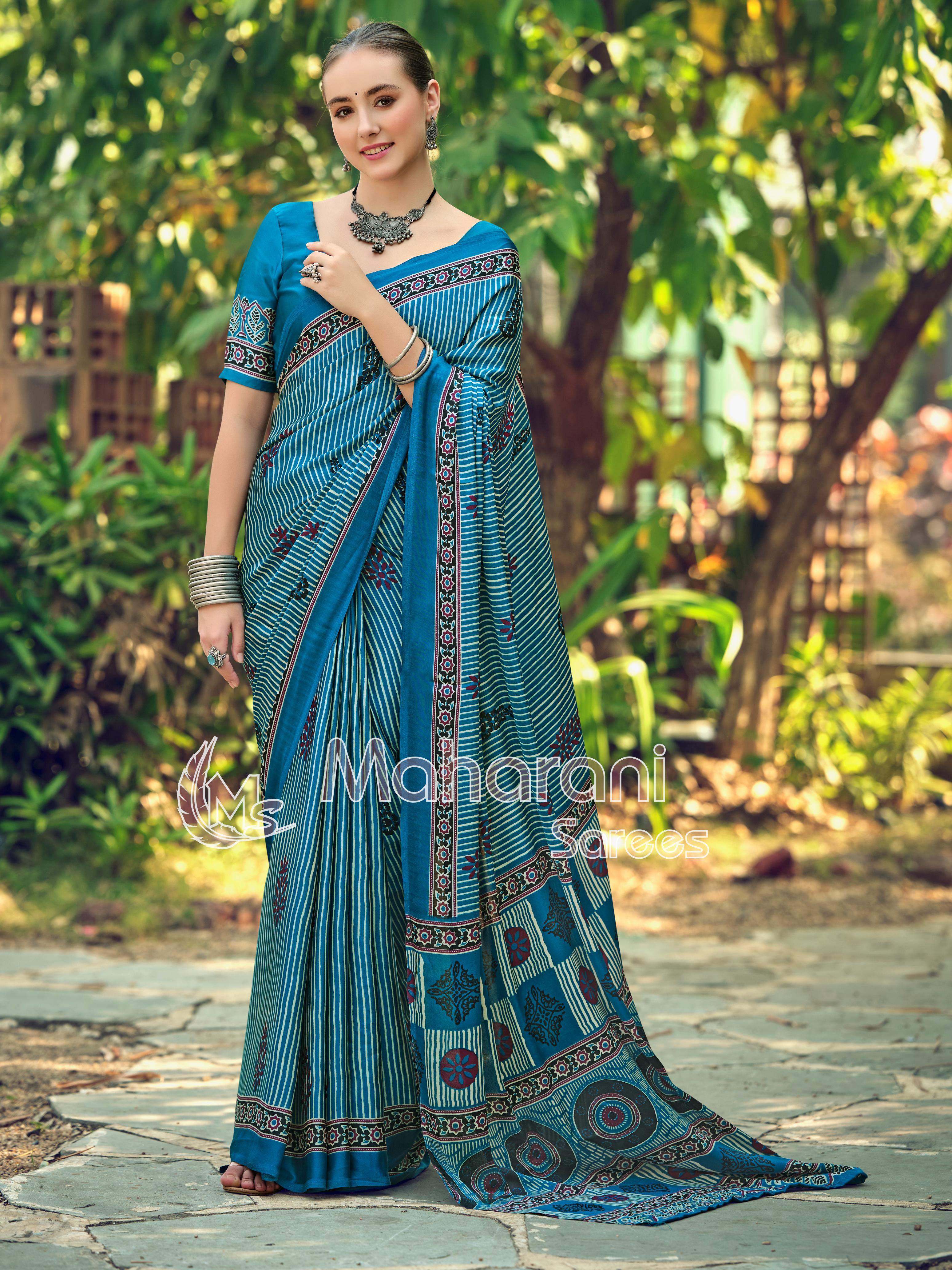 Luxe Rama Striped Ajrakh Hand-Printed Modal Silk Saree