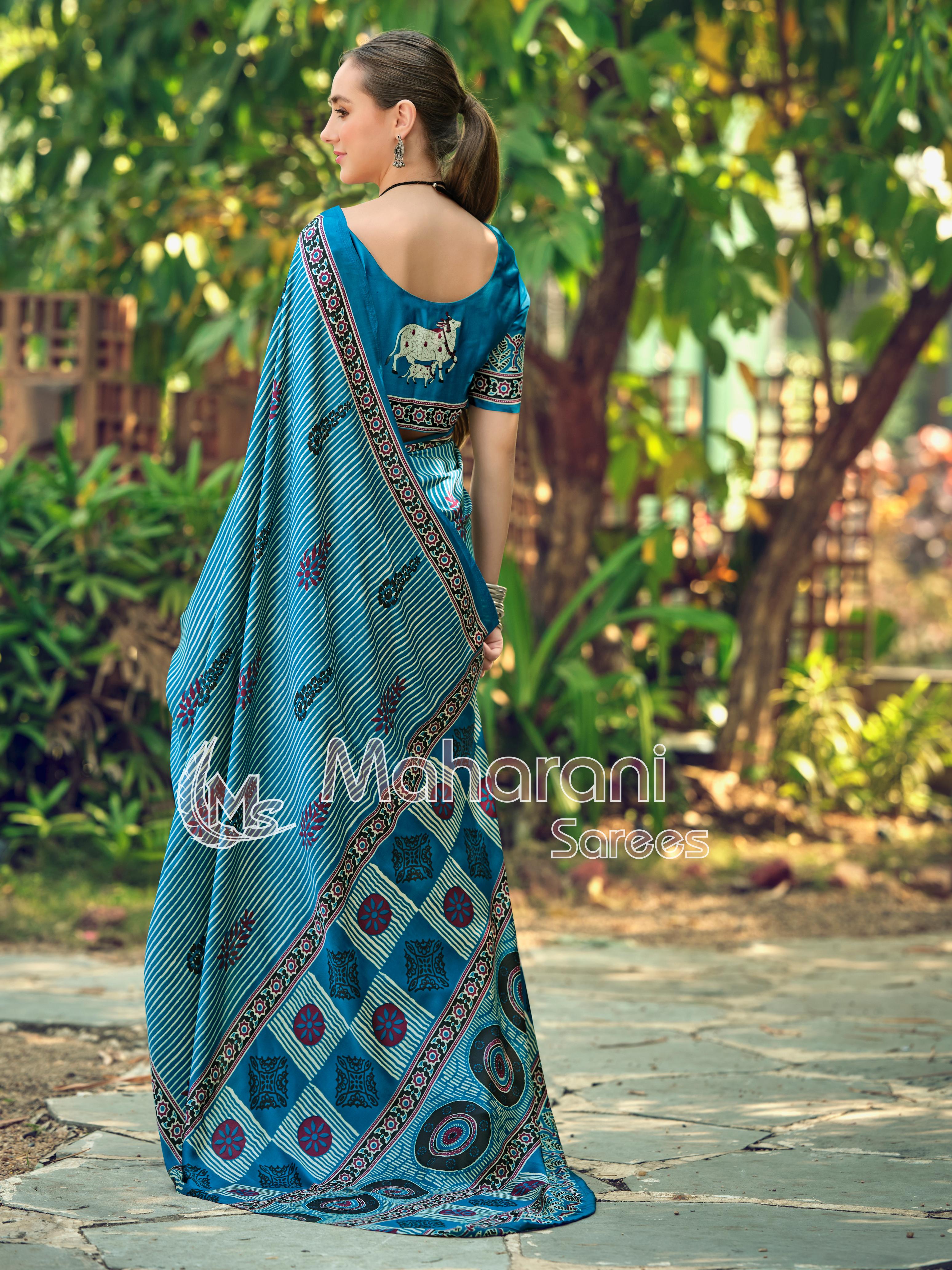 Luxe Rama Striped Ajrakh Hand-Printed Modal Silk Saree