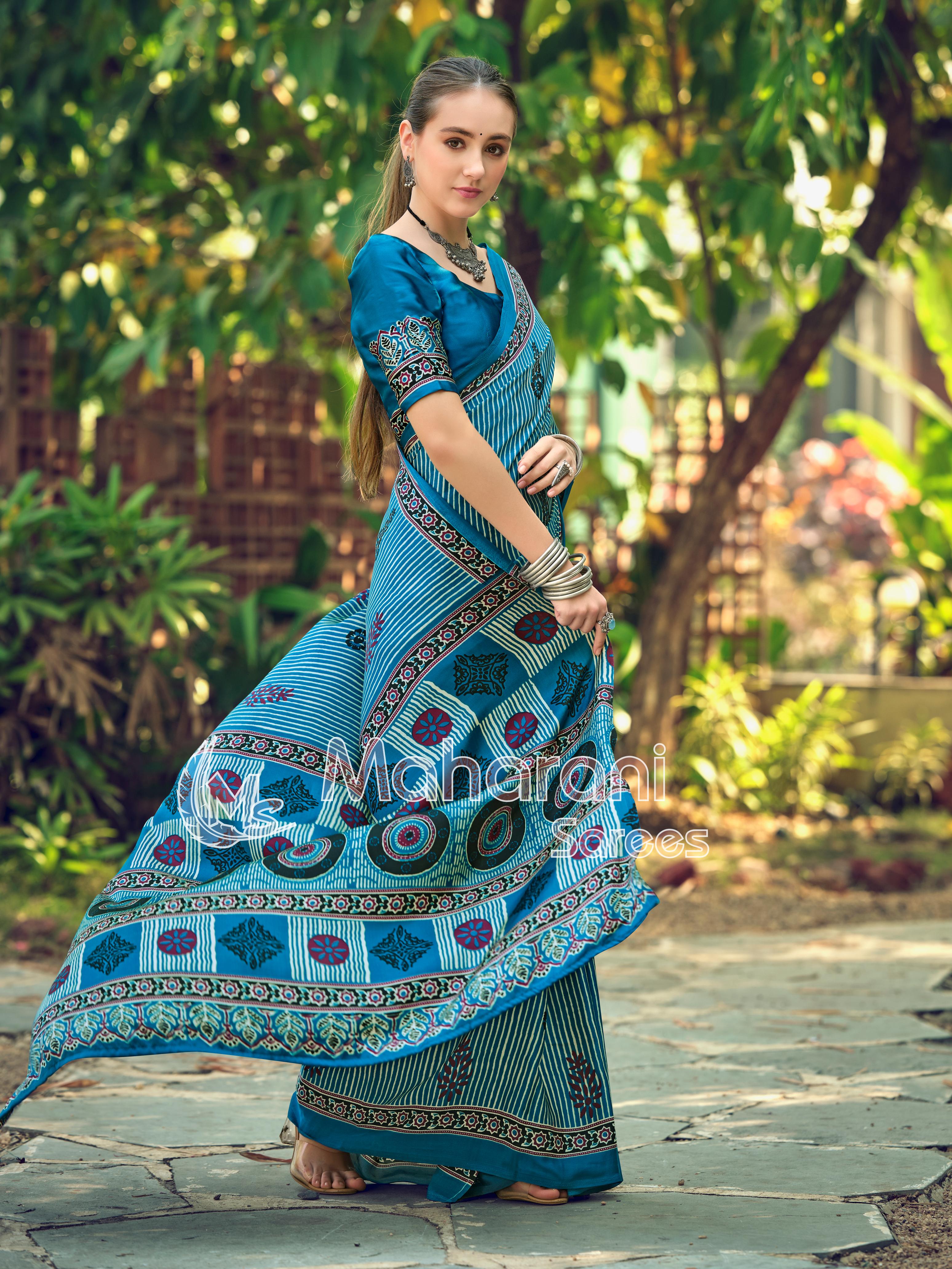 Luxe Rama Striped Ajrakh Hand-Printed Modal Silk Saree