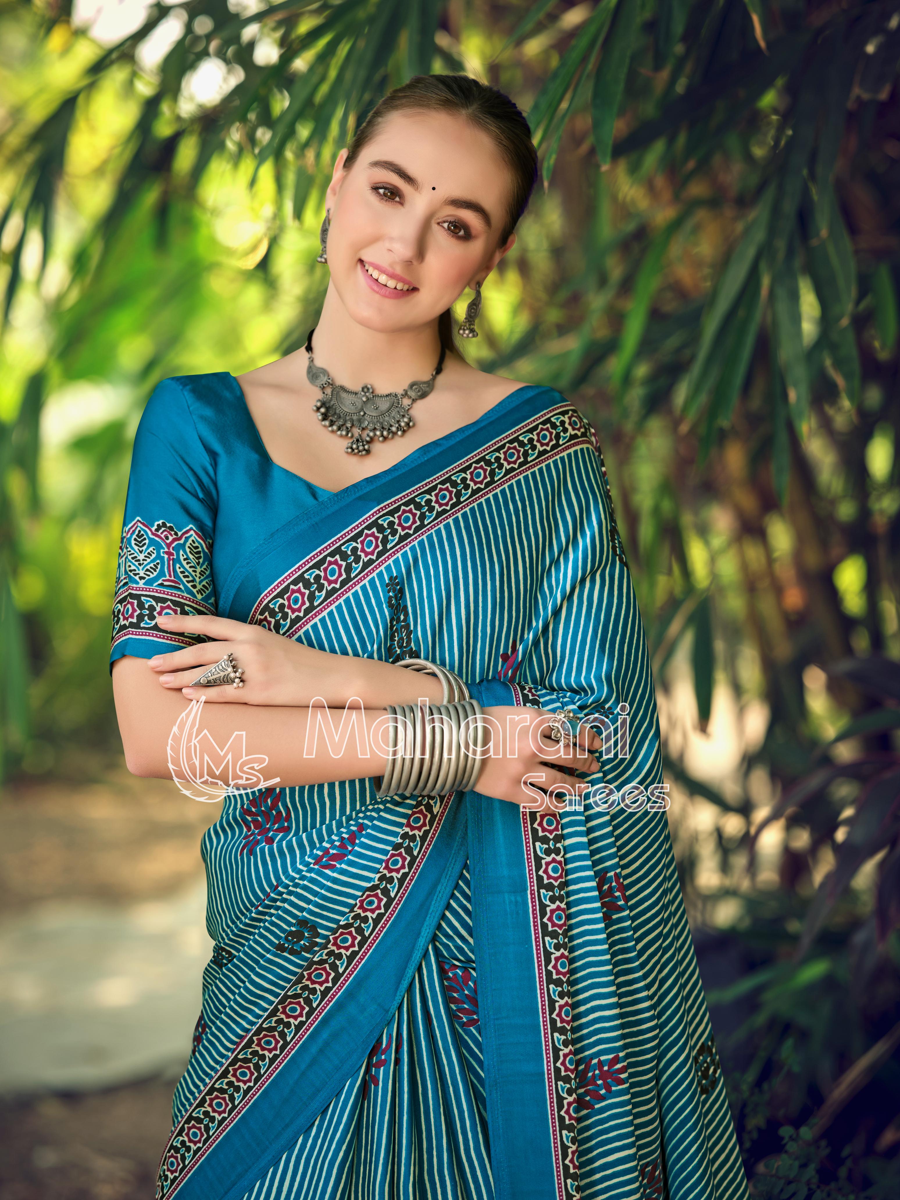 Luxe Rama Striped Ajrakh Hand-Printed Modal Silk Saree
