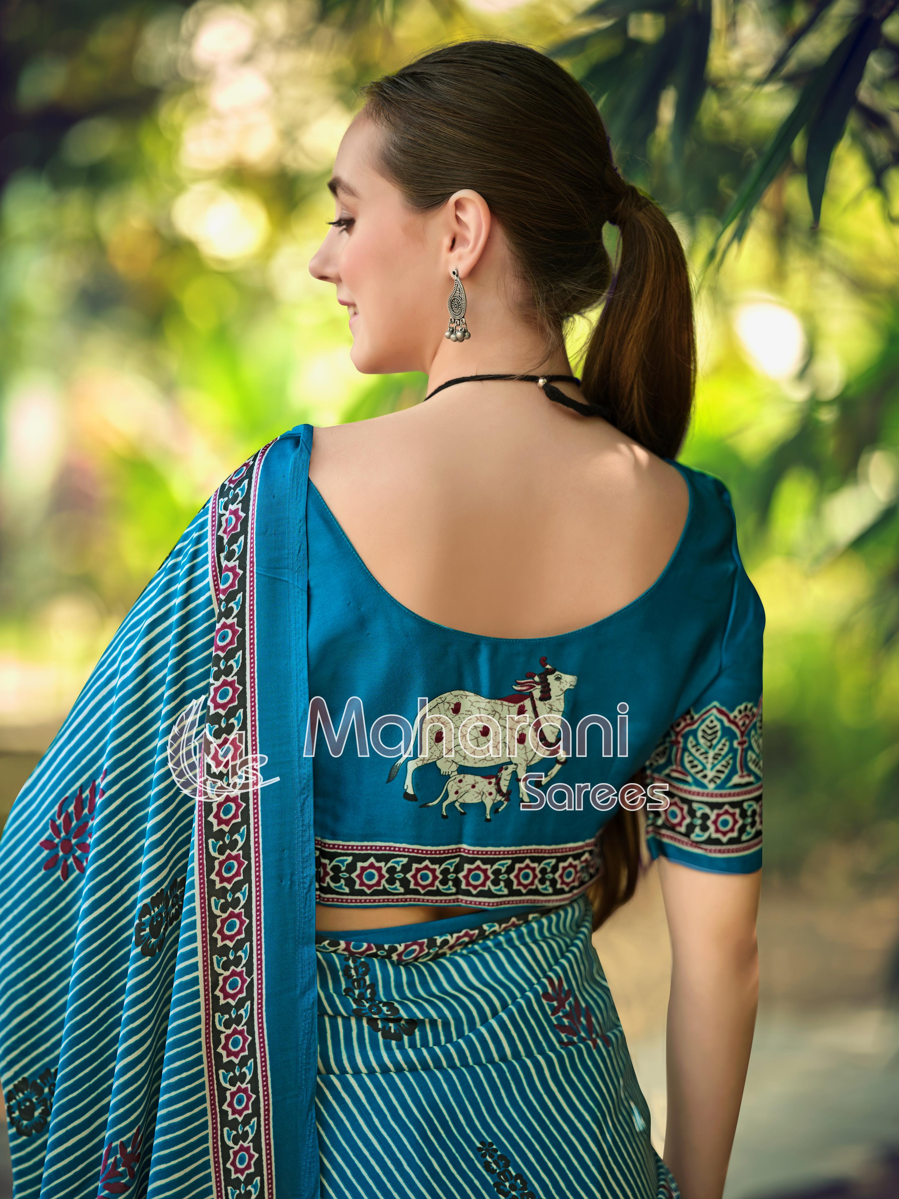 Luxe Rama Striped Ajrakh Hand-Printed Modal Silk Saree