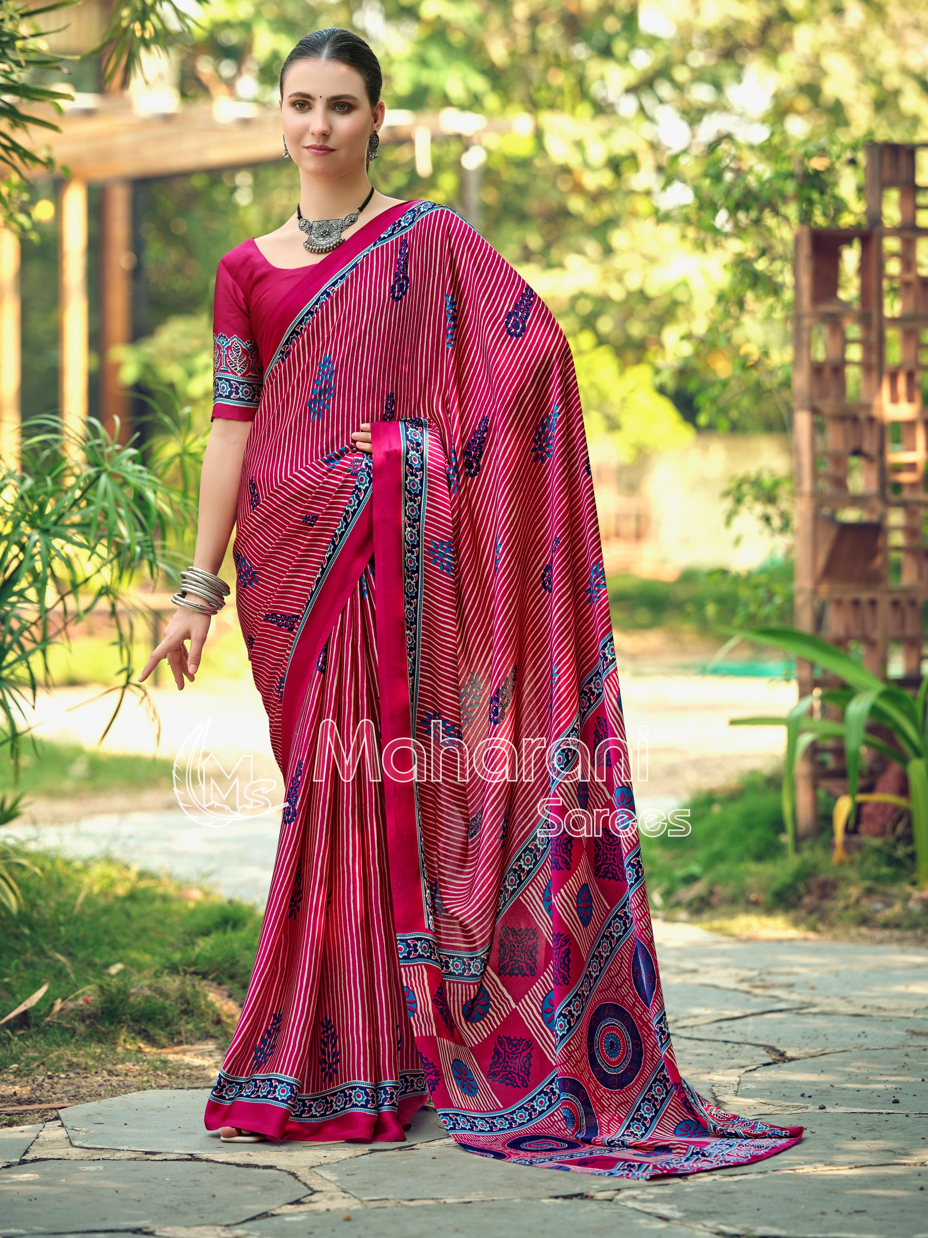 Rani Striped Ajrakh Hand-Printed Modal Silk Saree