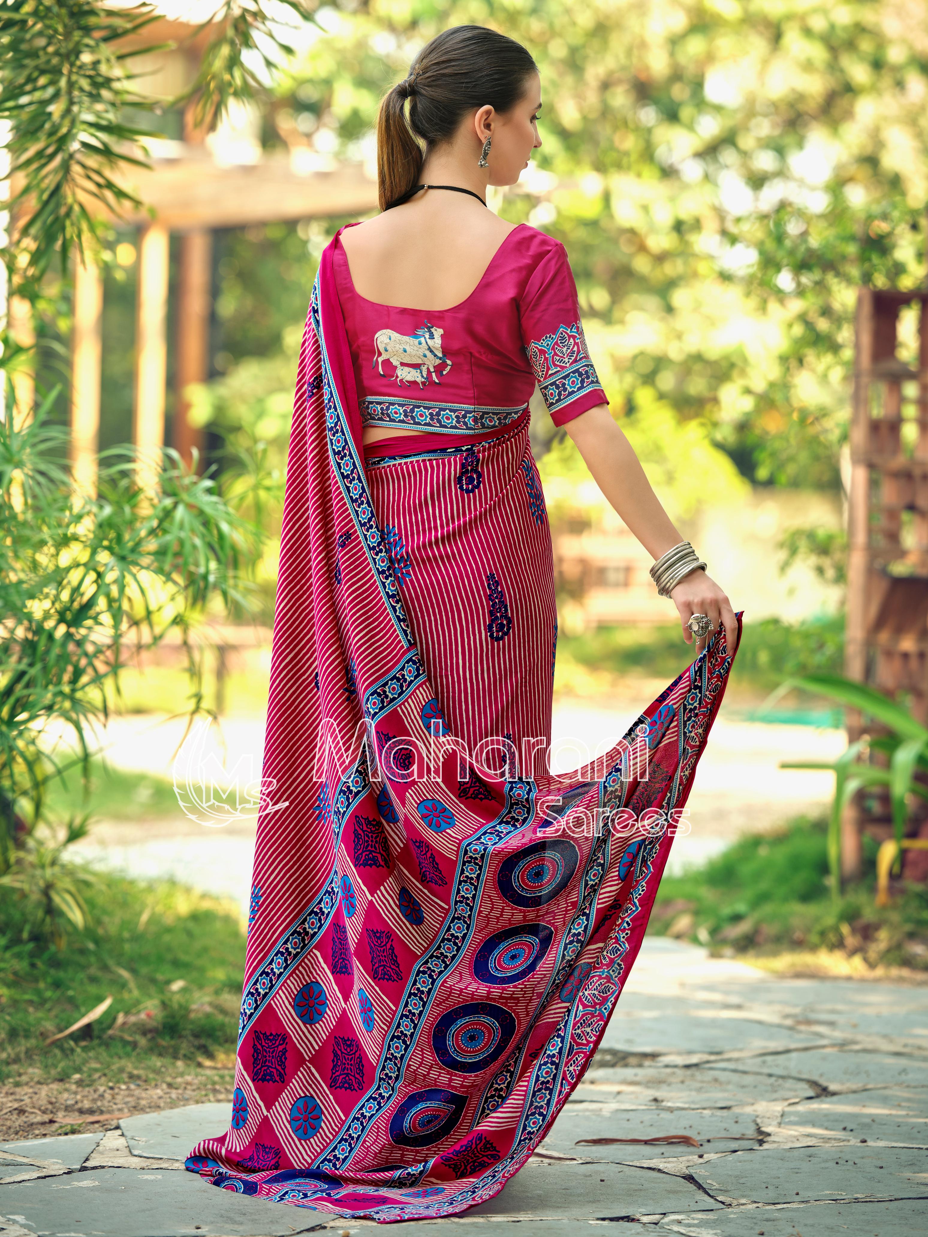 Rani Striped Ajrakh Hand-Printed Modal Silk Saree