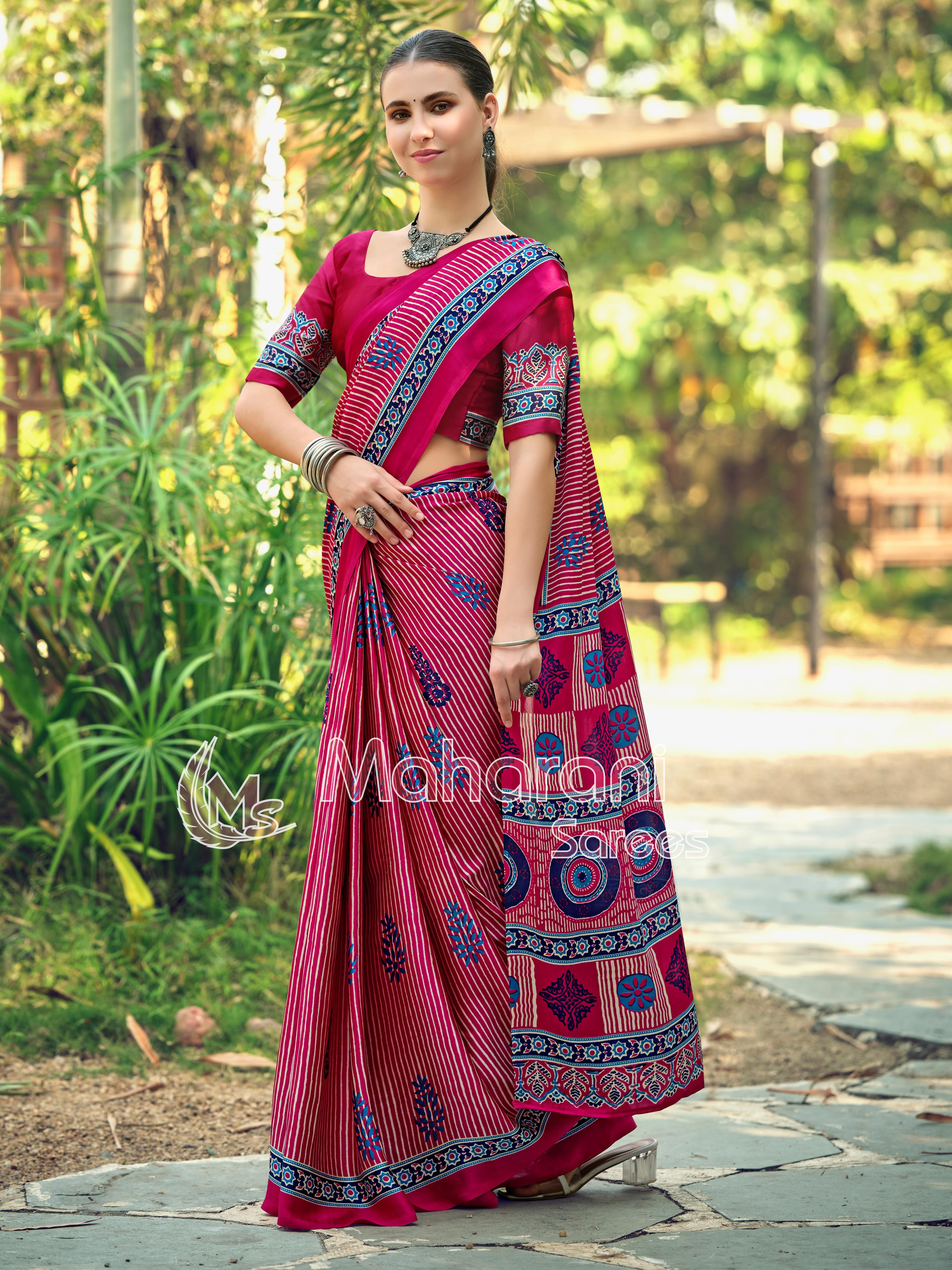 Rani Striped Ajrakh Hand-Printed Modal Silk Saree