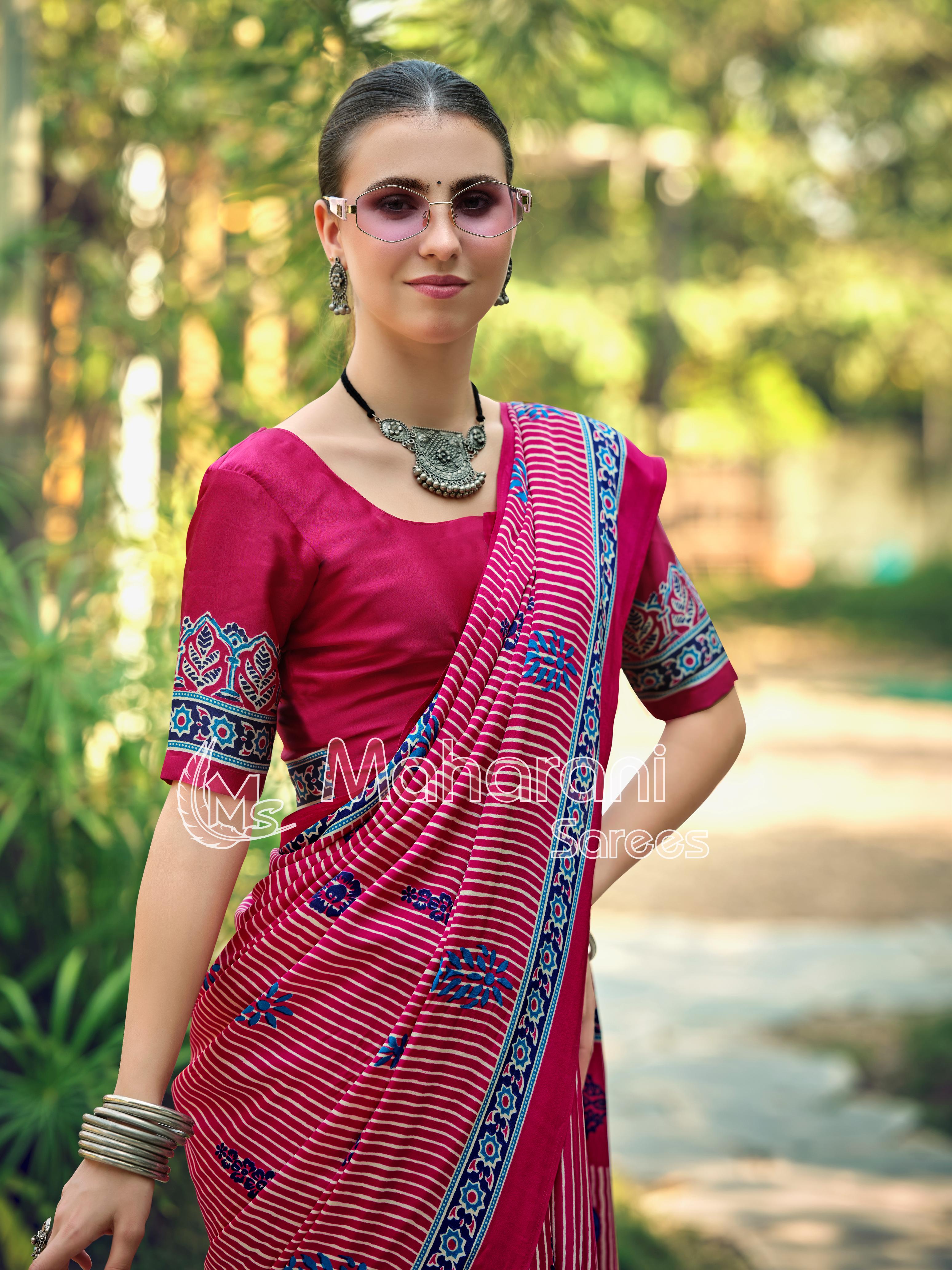 Rani Striped Ajrakh Hand-Printed Modal Silk Saree