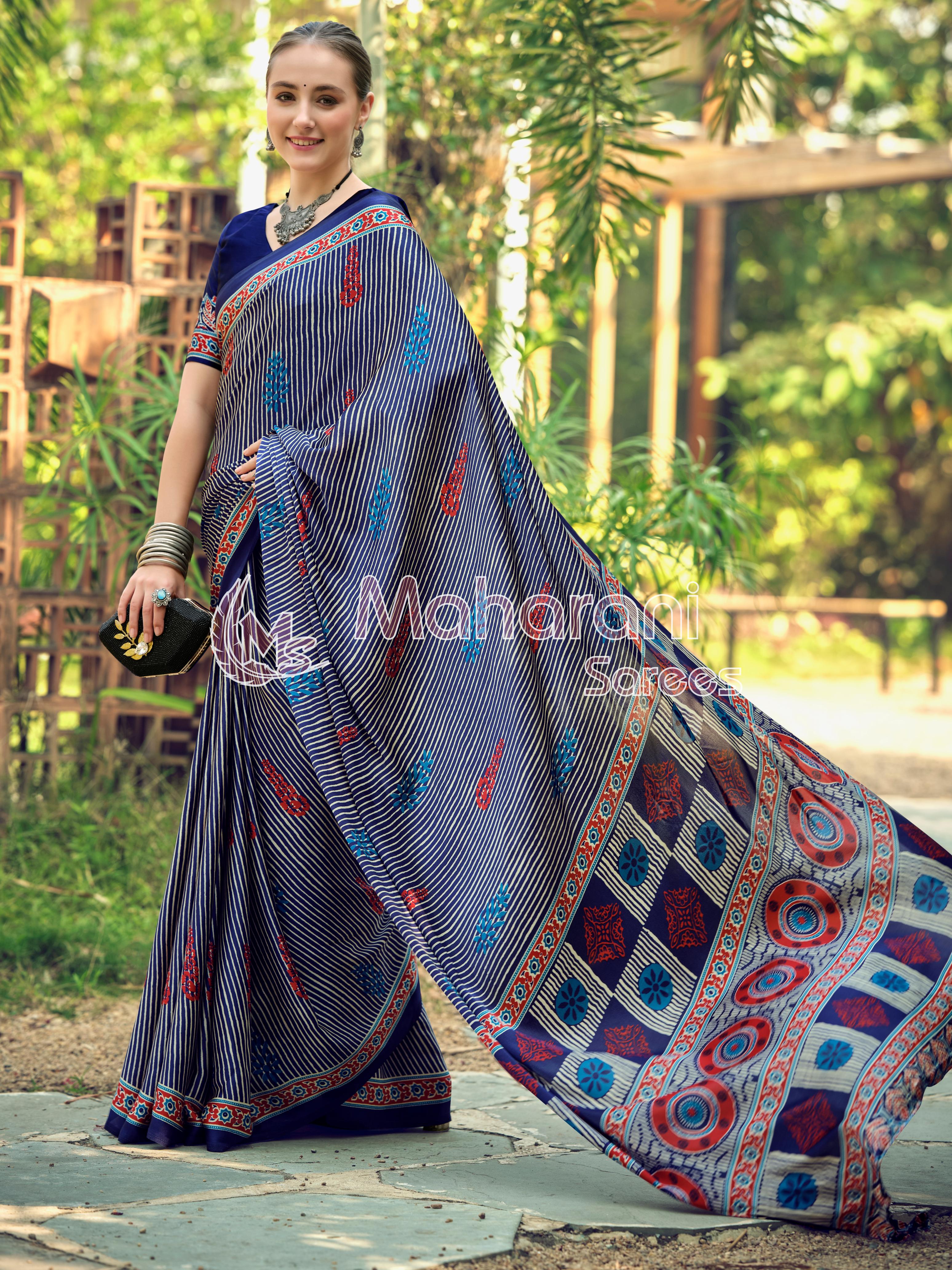 Blue Striped Ajrakh Hand-Printed Modal Silk Saree