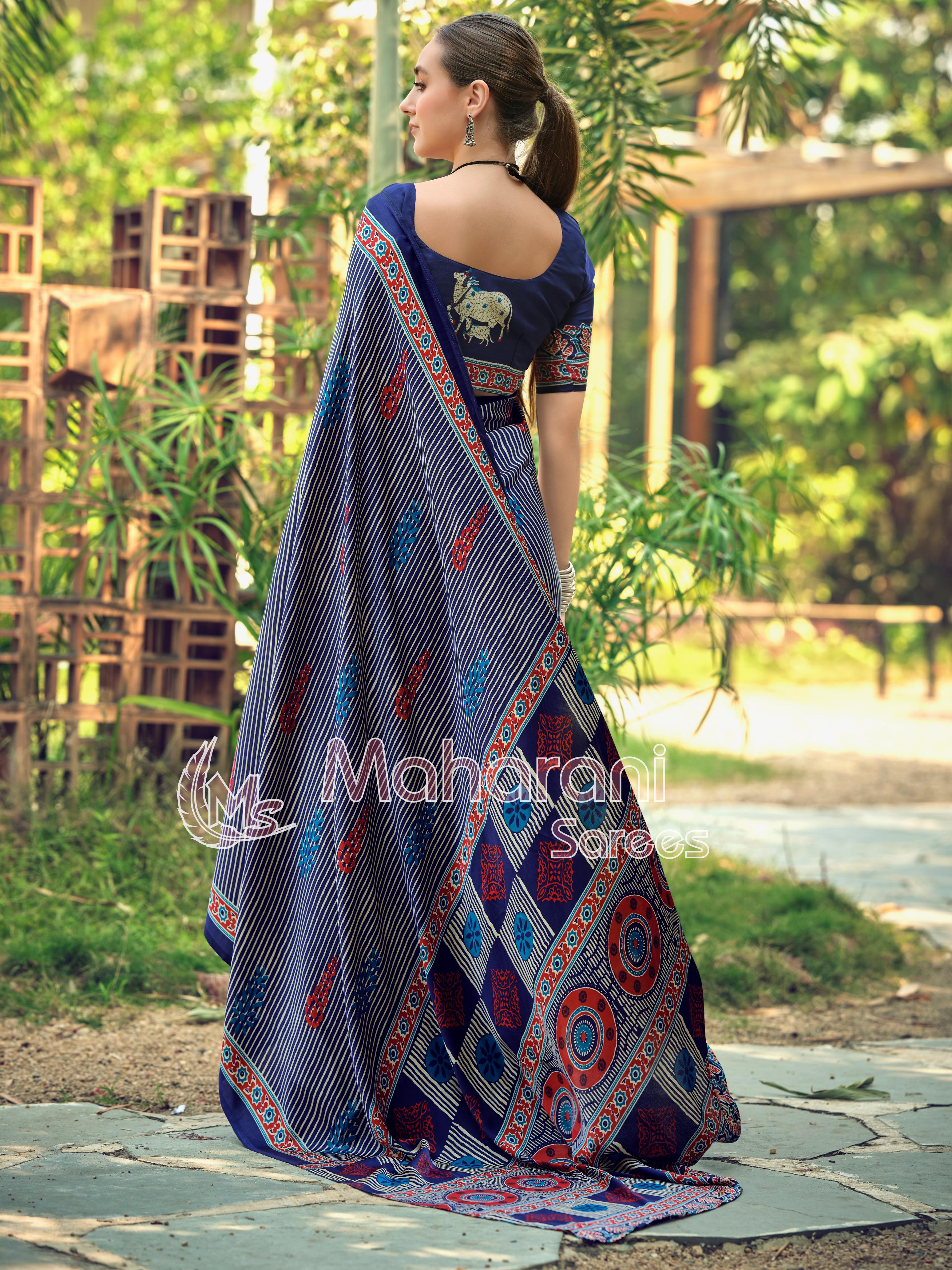 Blue Striped Ajrakh Hand-Printed Modal Silk Saree