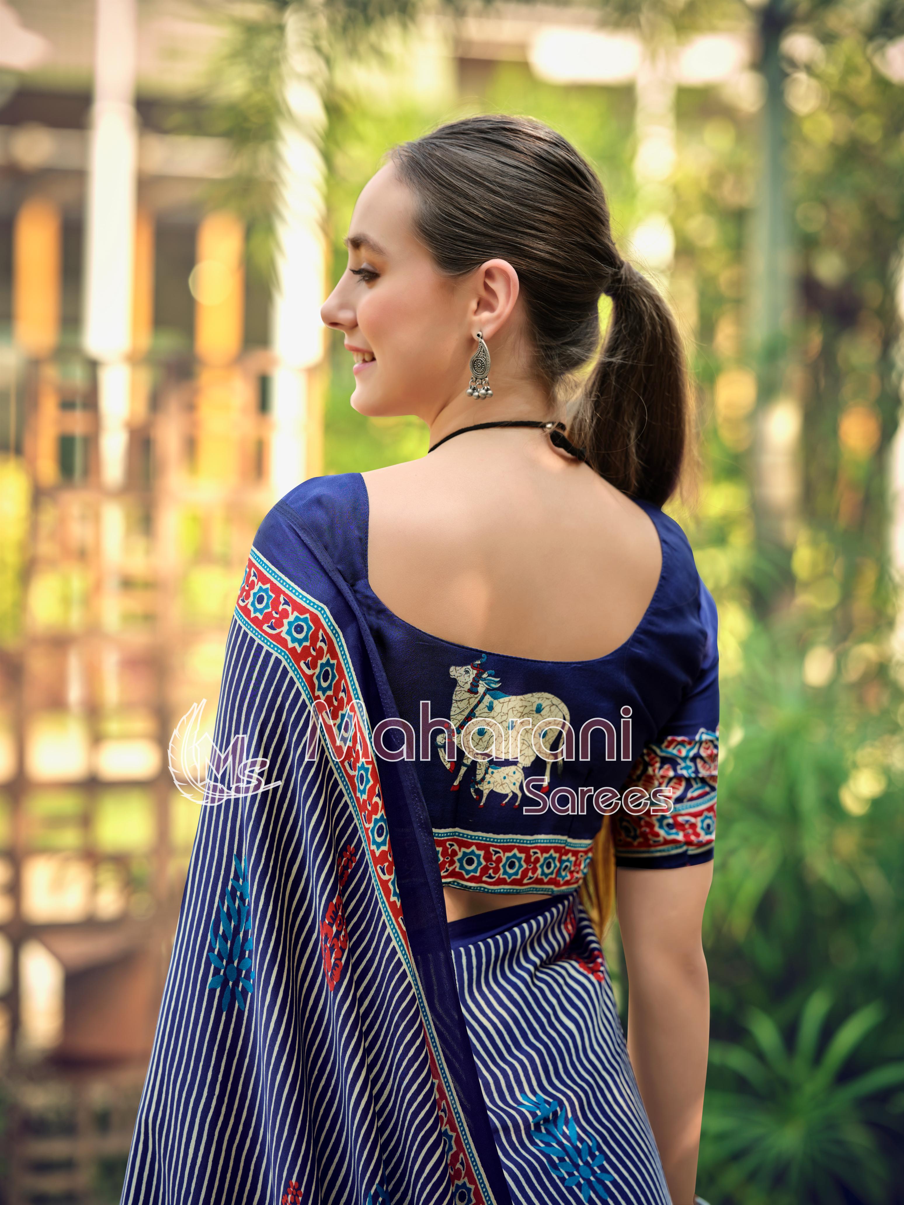 Blue Striped Ajrakh Hand-Printed Modal Silk Saree