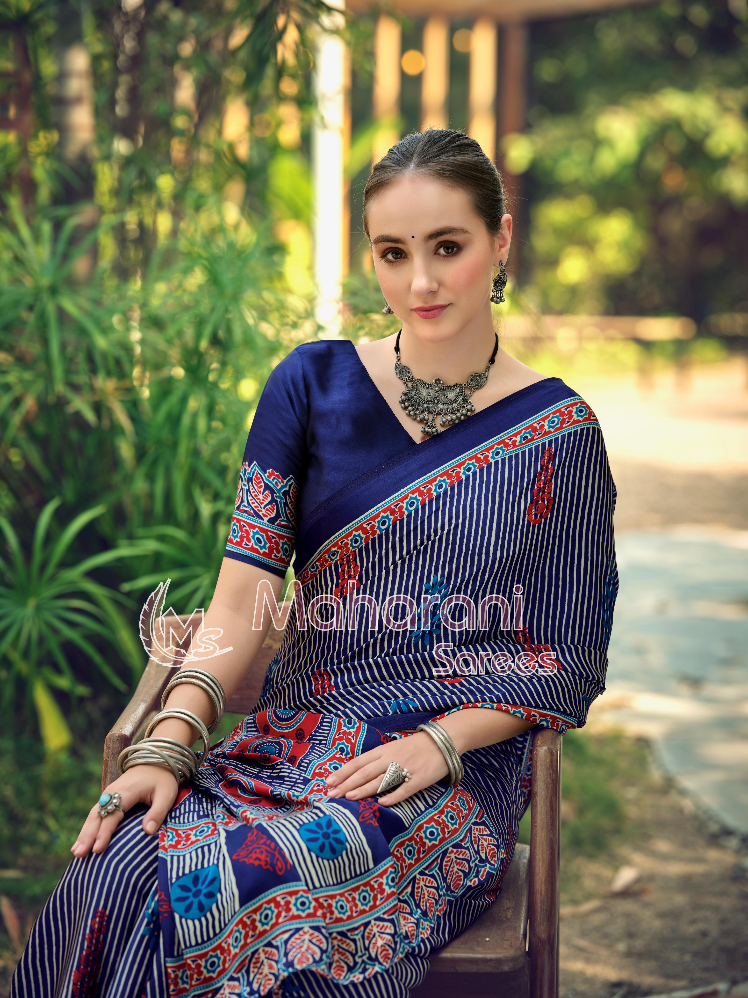 Blue Striped Ajrakh Hand-Printed Modal Silk Saree