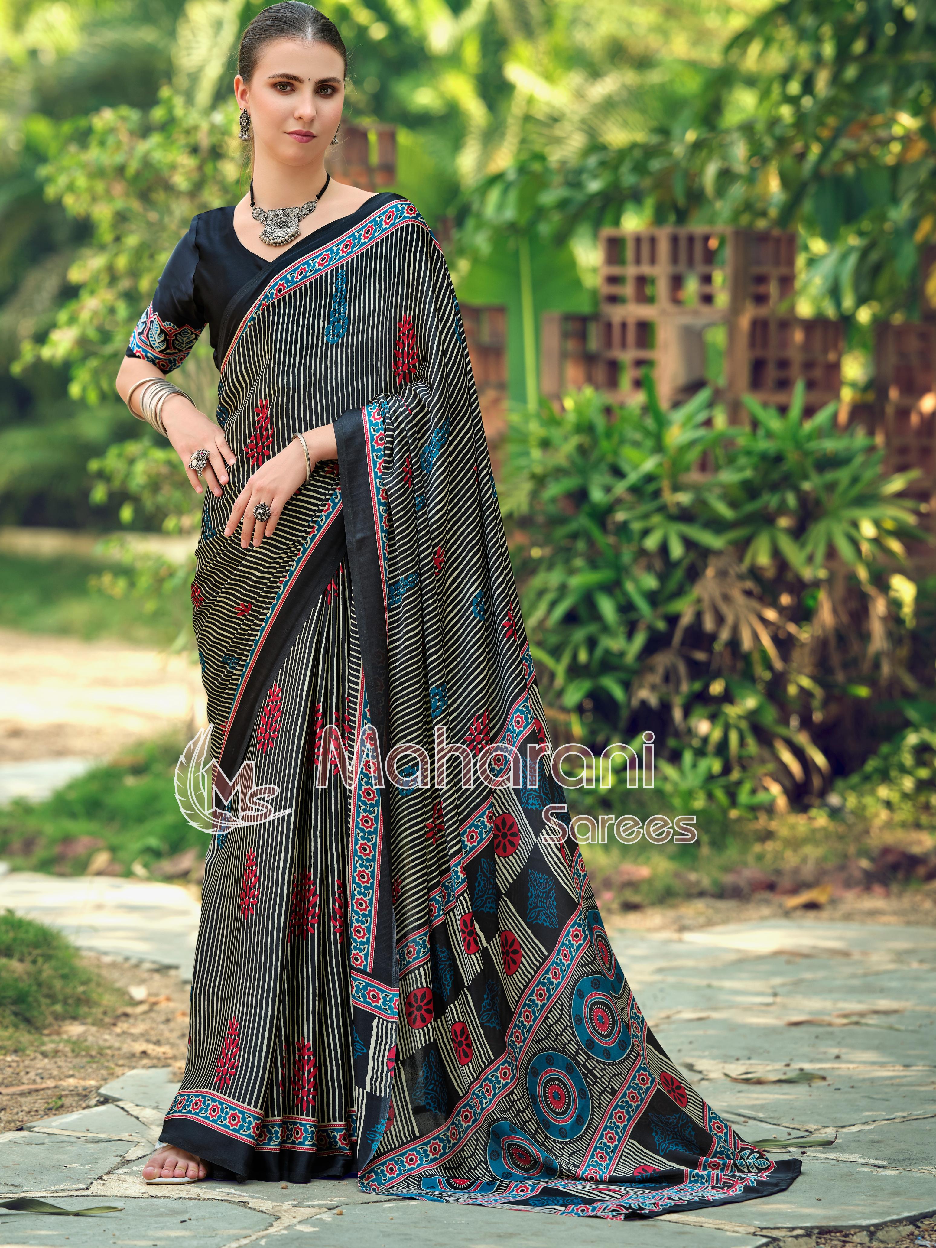 Twirling Black Striped Ajrakh Hand-Printed Modal Silk Saree