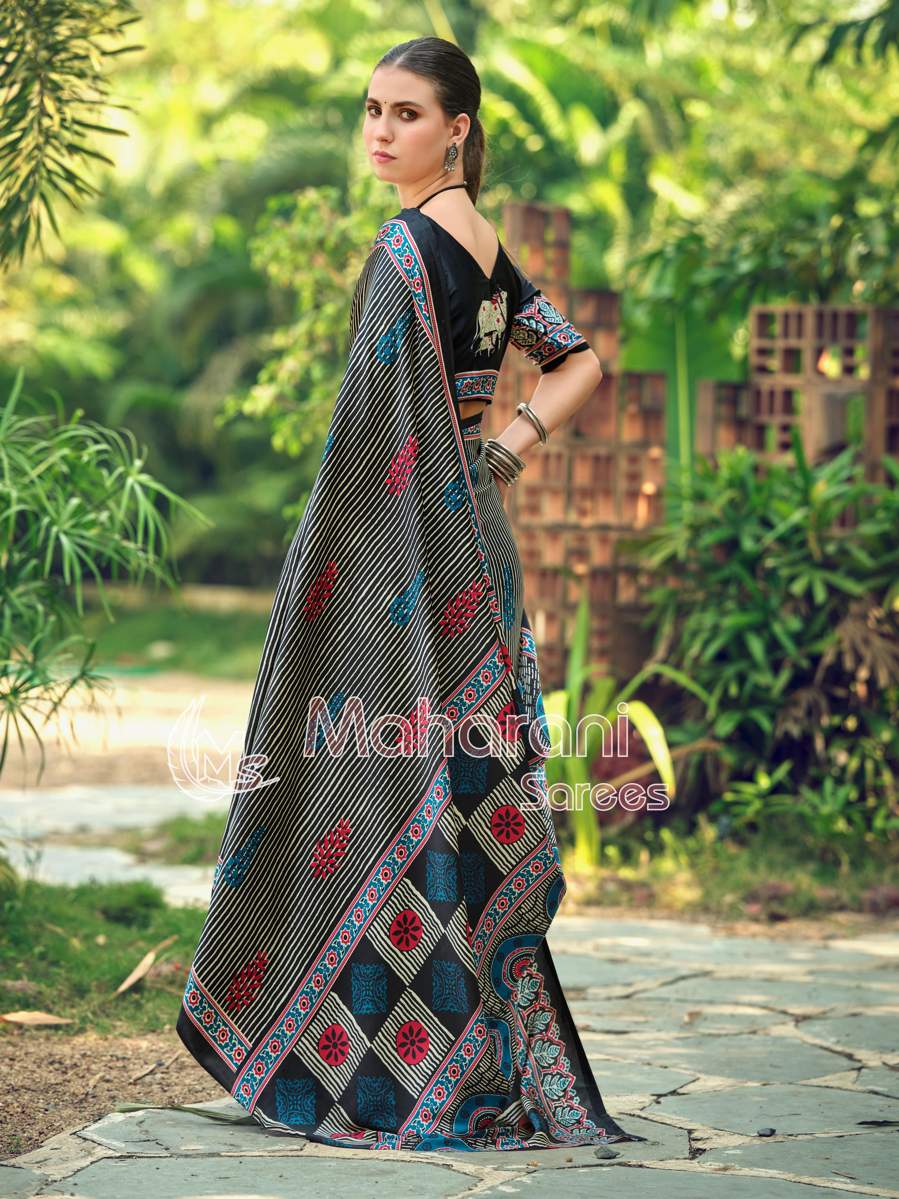 Twirling Black Striped Ajrakh Hand-Printed Modal Silk Saree