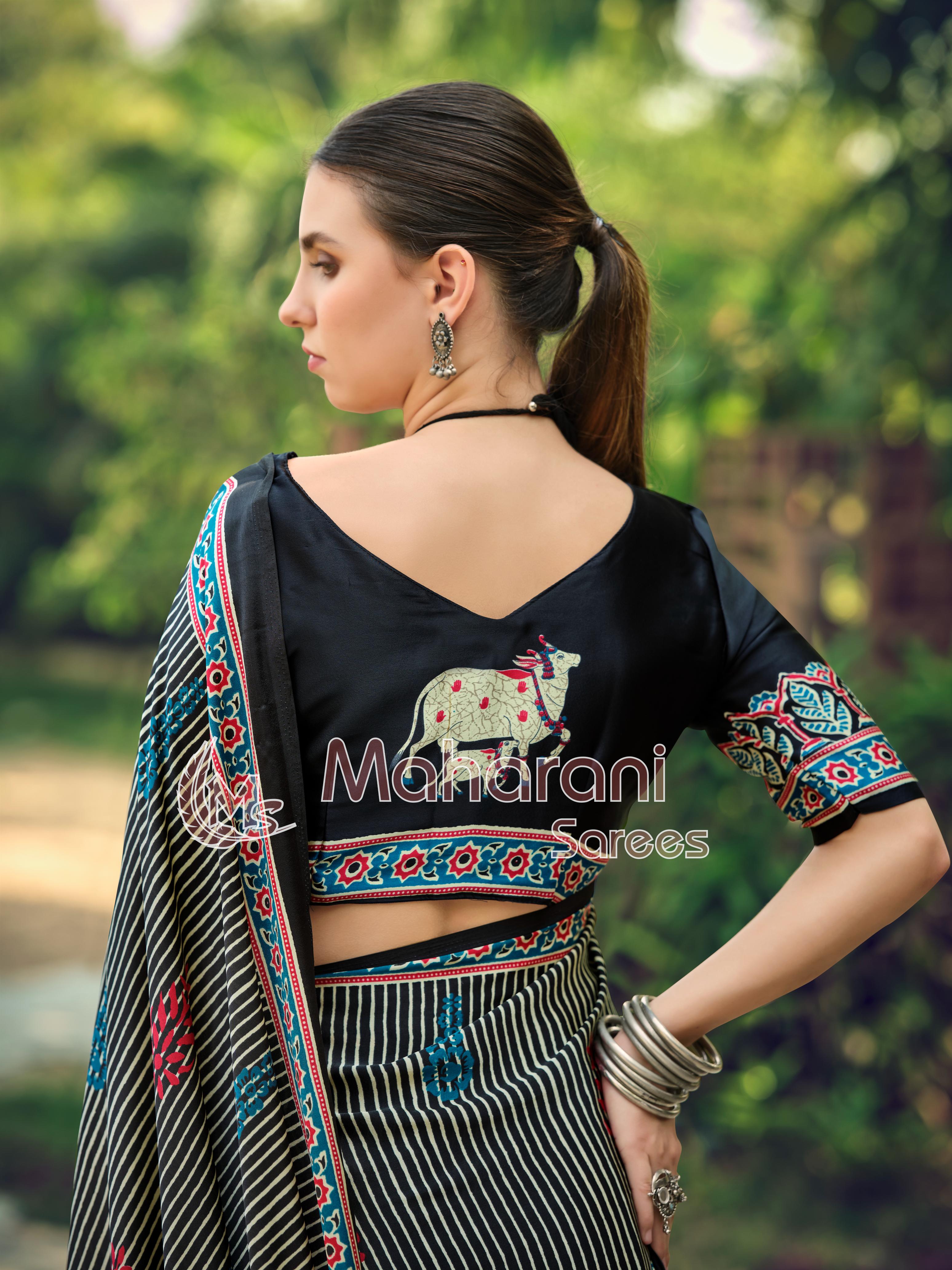 Twirling Black Striped Ajrakh Hand-Printed Modal Silk Saree