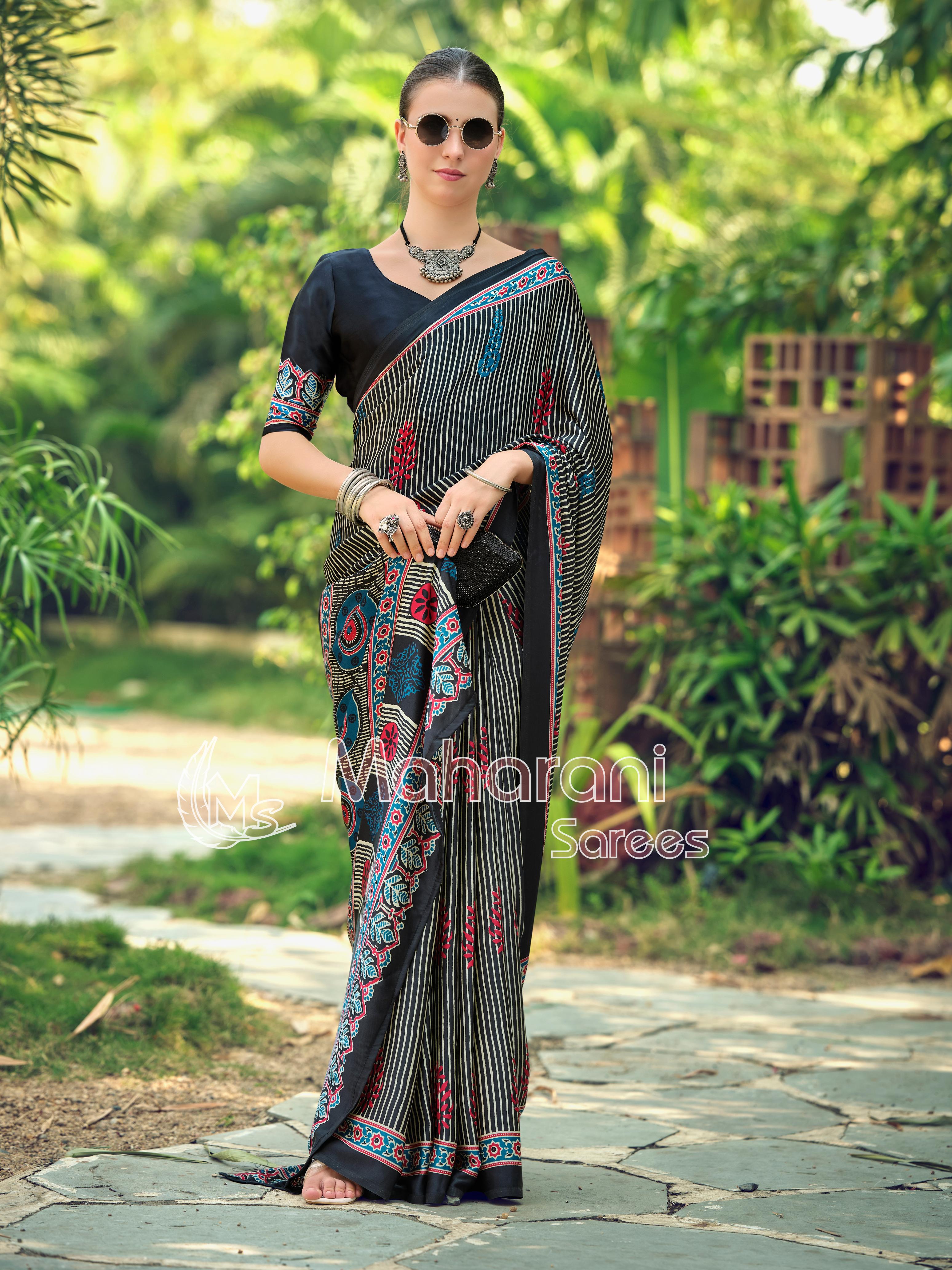 Twirling Black Striped Ajrakh Hand-Printed Modal Silk Saree