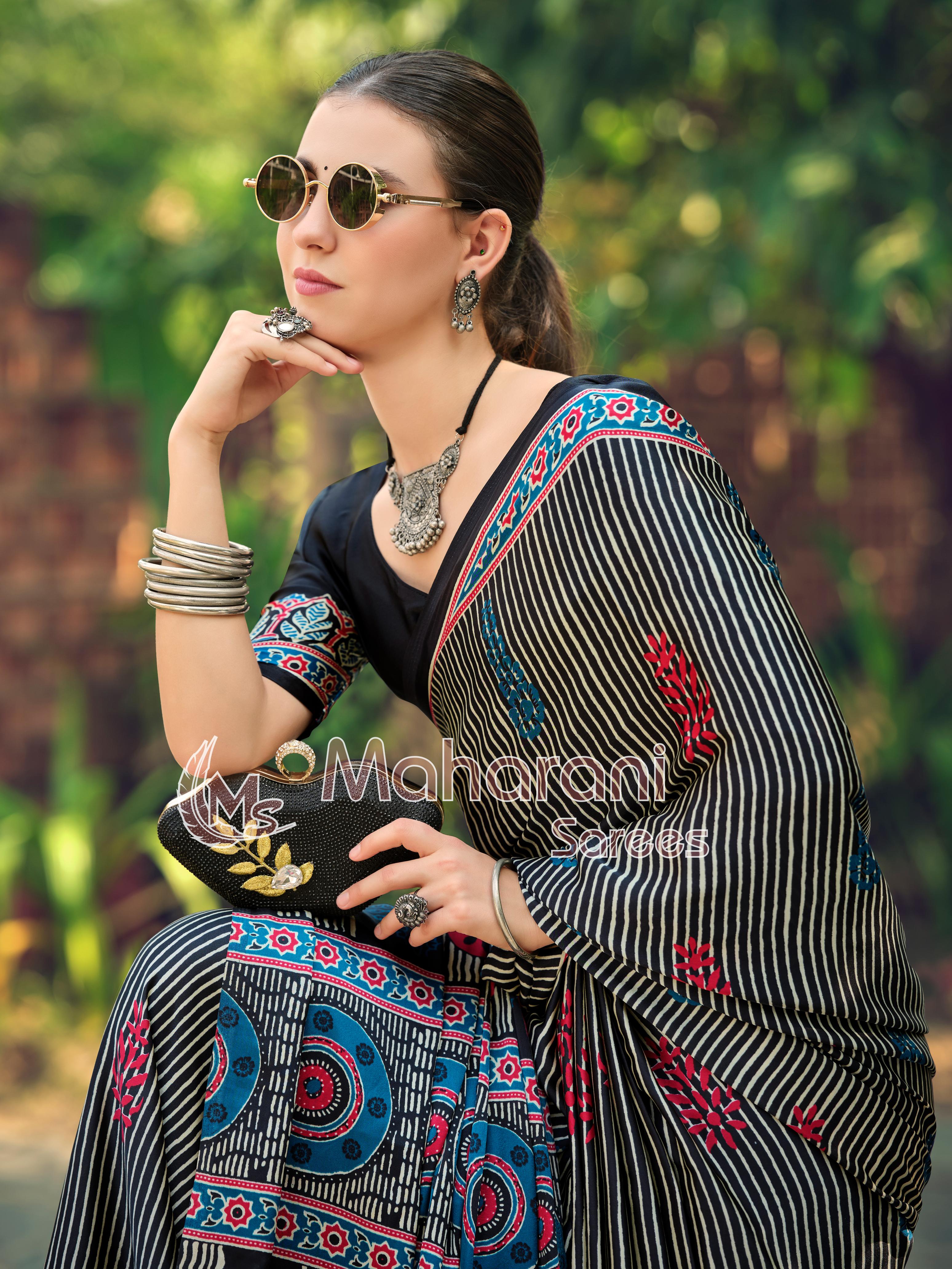 Twirling Black Striped Ajrakh Hand-Printed Modal Silk Saree