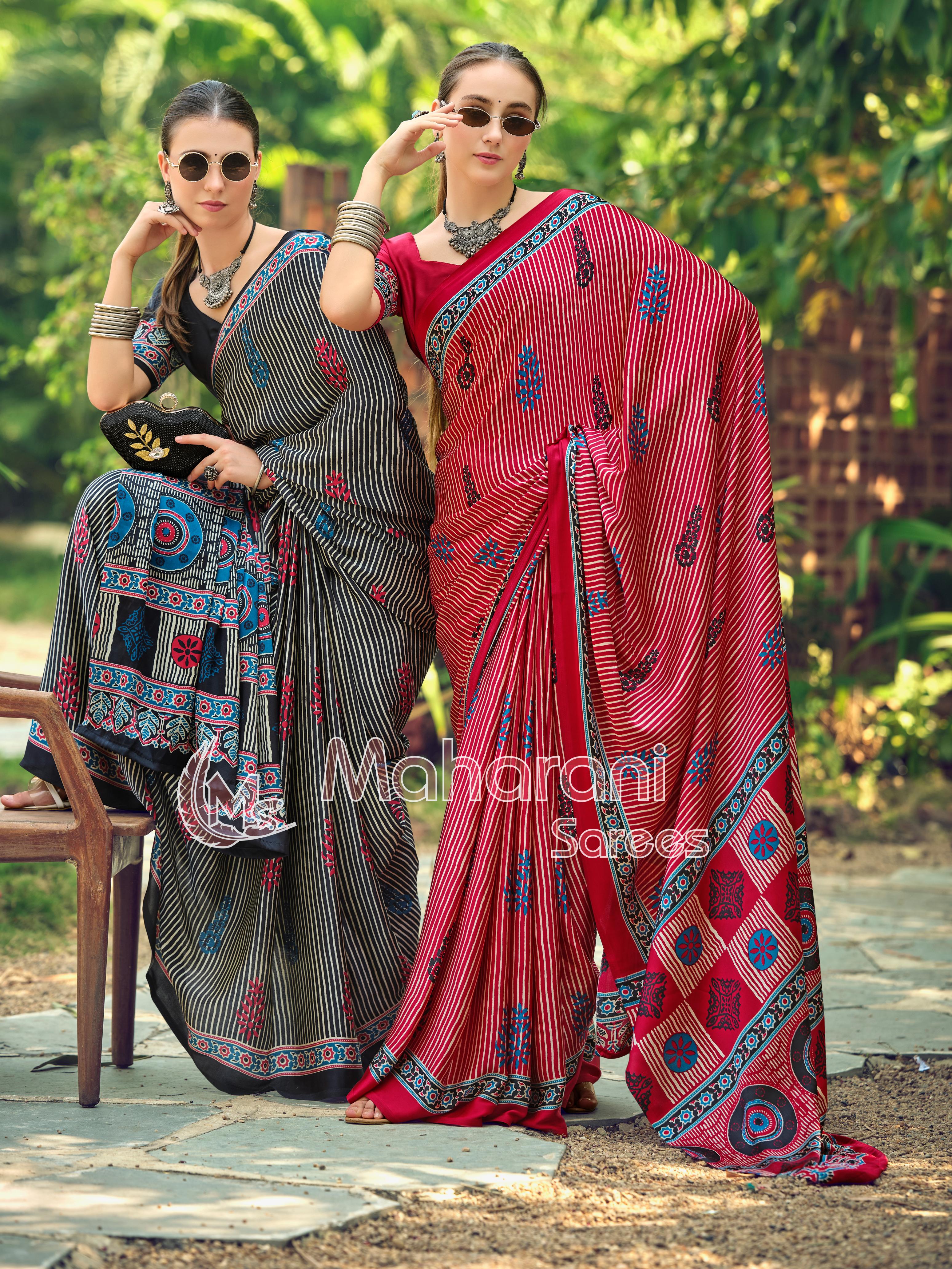 Twirling Black Striped Ajrakh Hand-Printed Modal Silk Saree