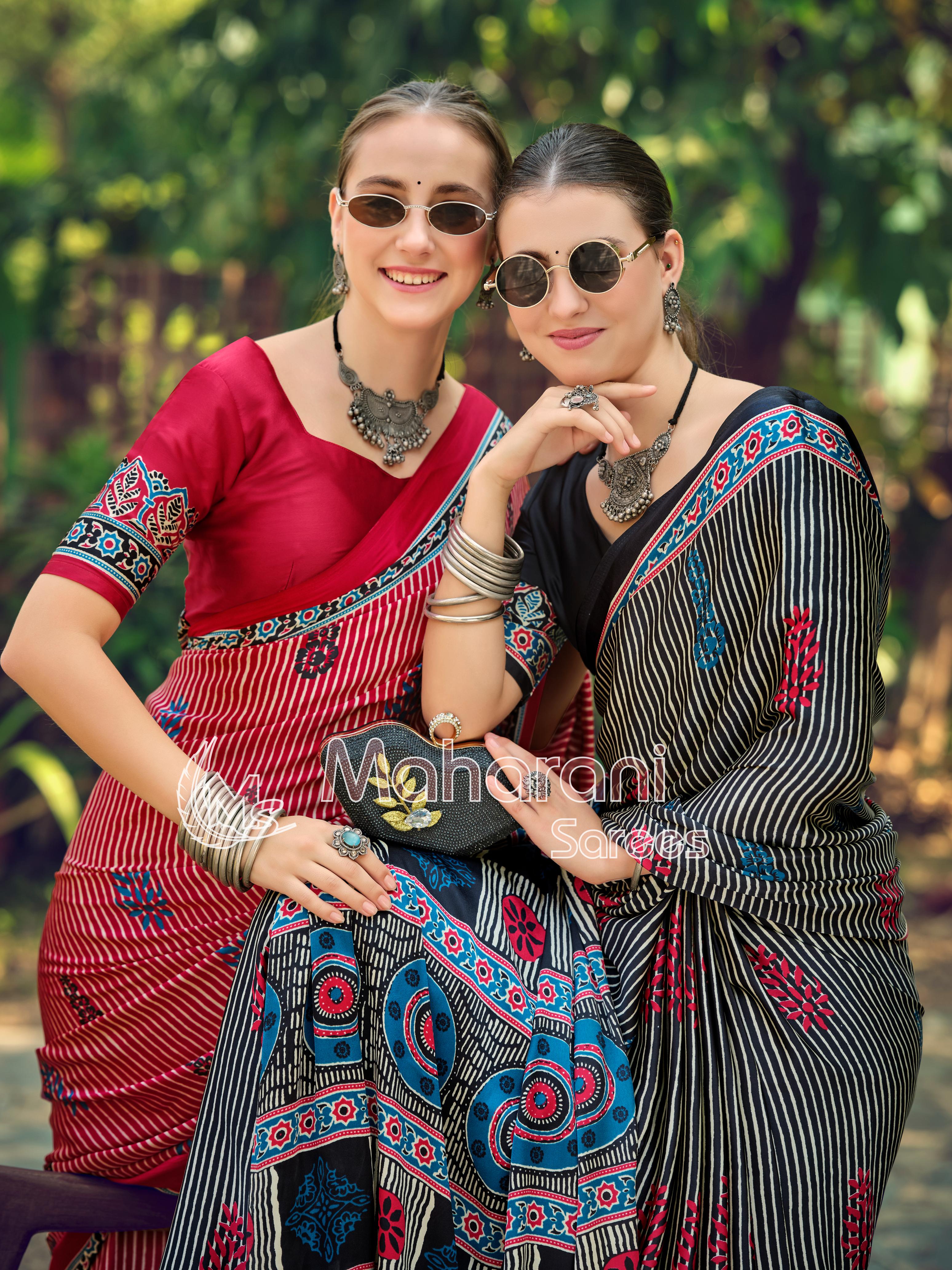 Twirling Black Striped Ajrakh Hand-Printed Modal Silk Saree