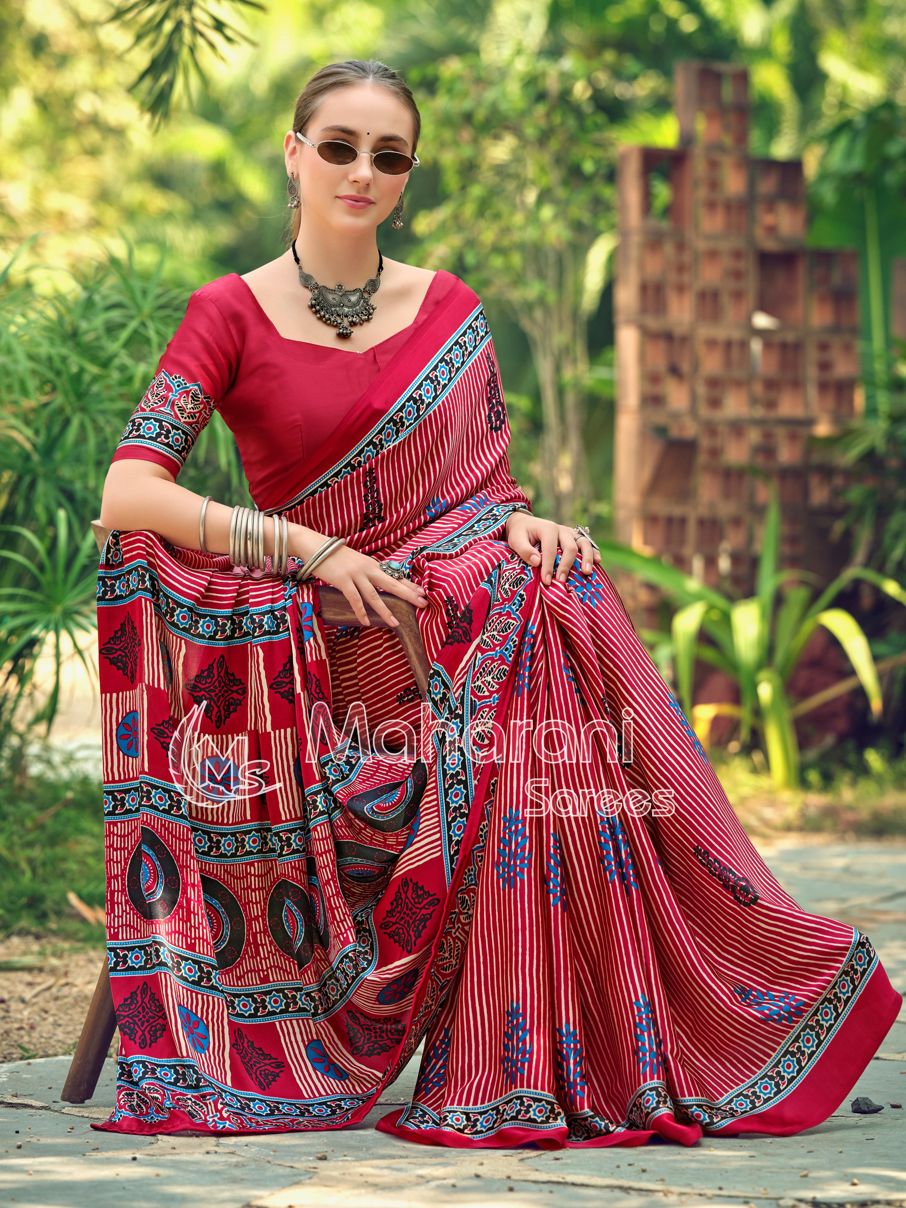 Fairytale Red Striped Ajrakh Hand-Printed Modal Silk Saree