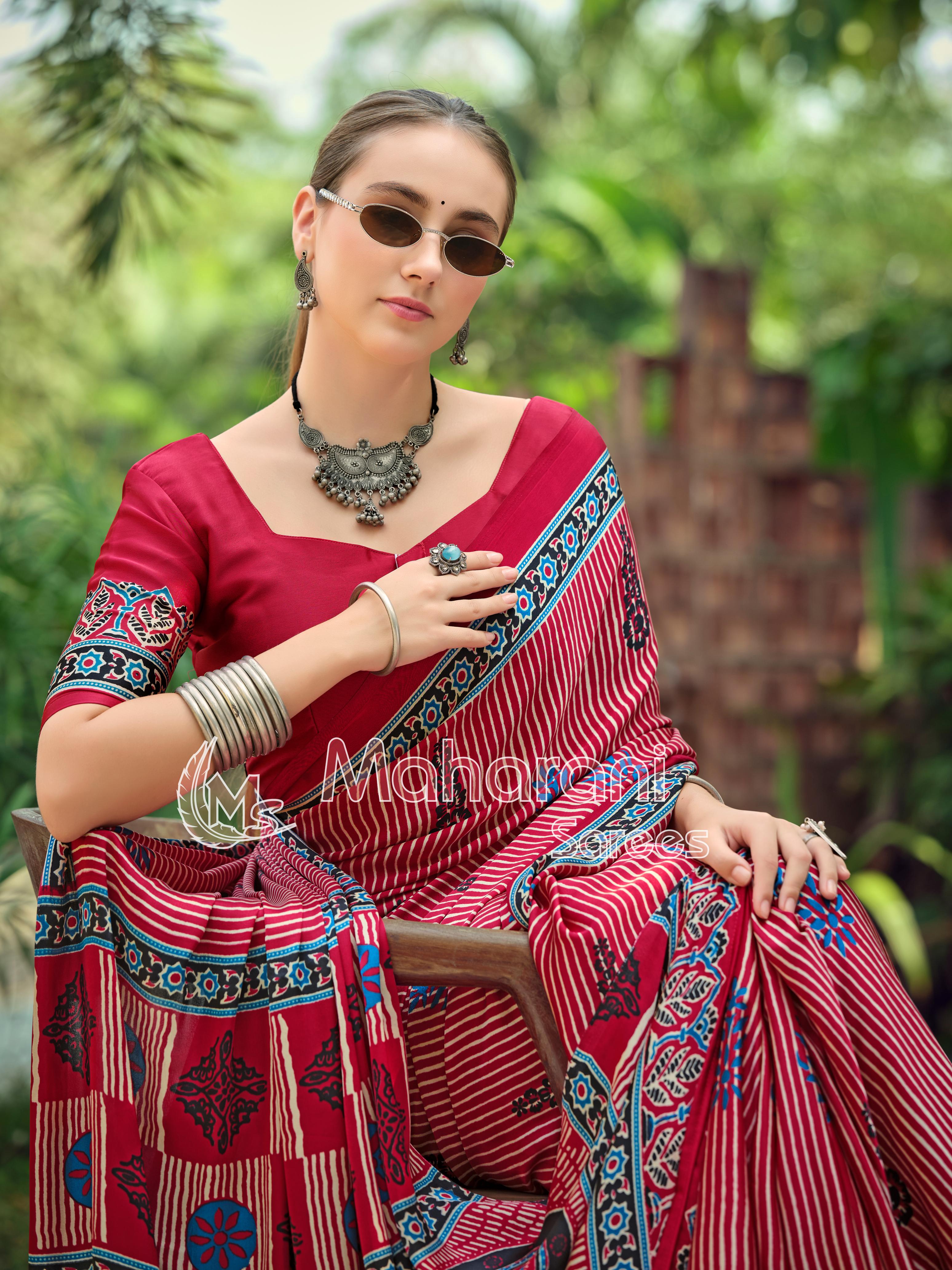 Fairytale Red Striped Ajrakh Hand-Printed Modal Silk Saree