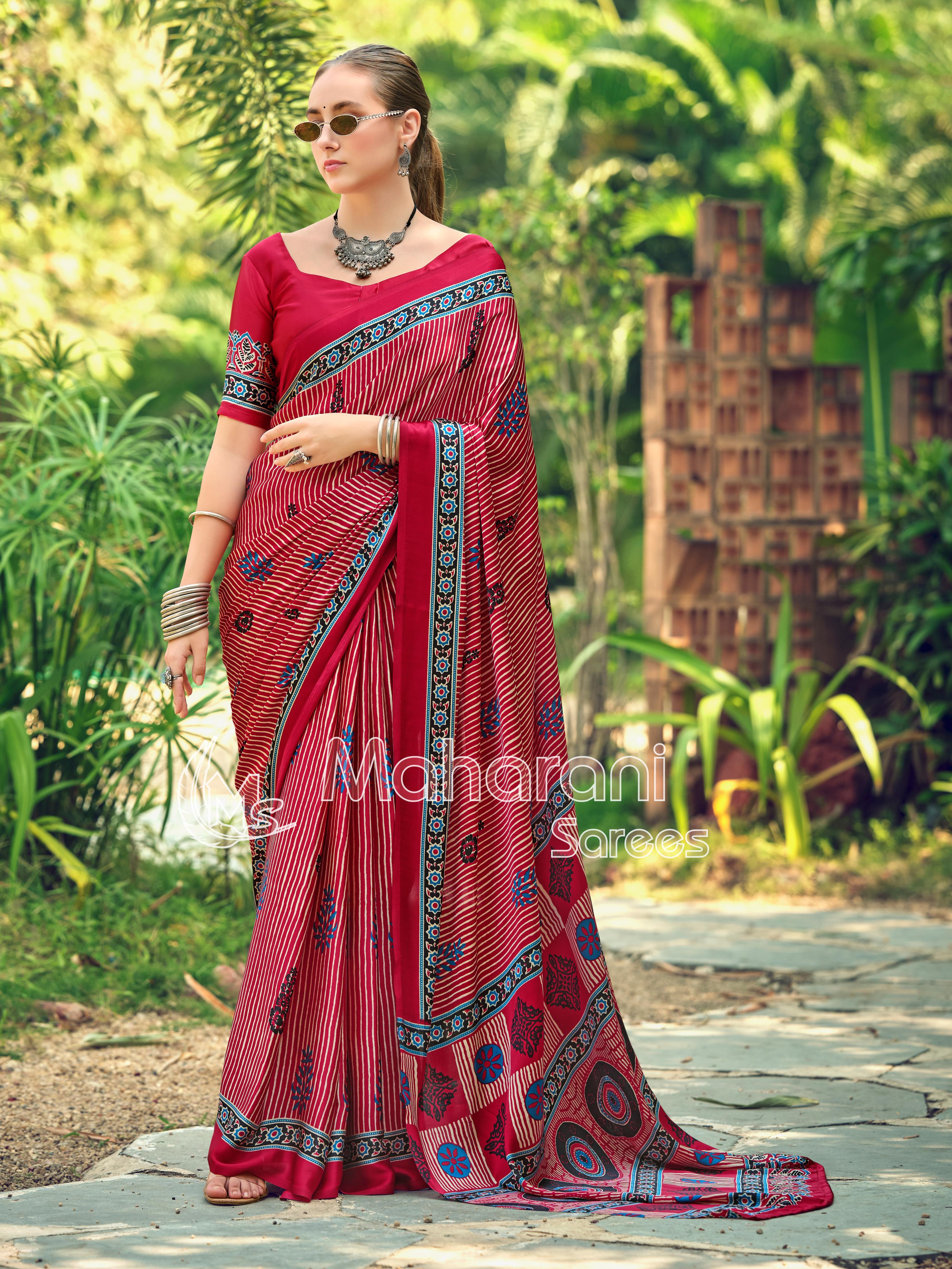Fairytale Red Striped Ajrakh Hand-Printed Modal Silk Saree