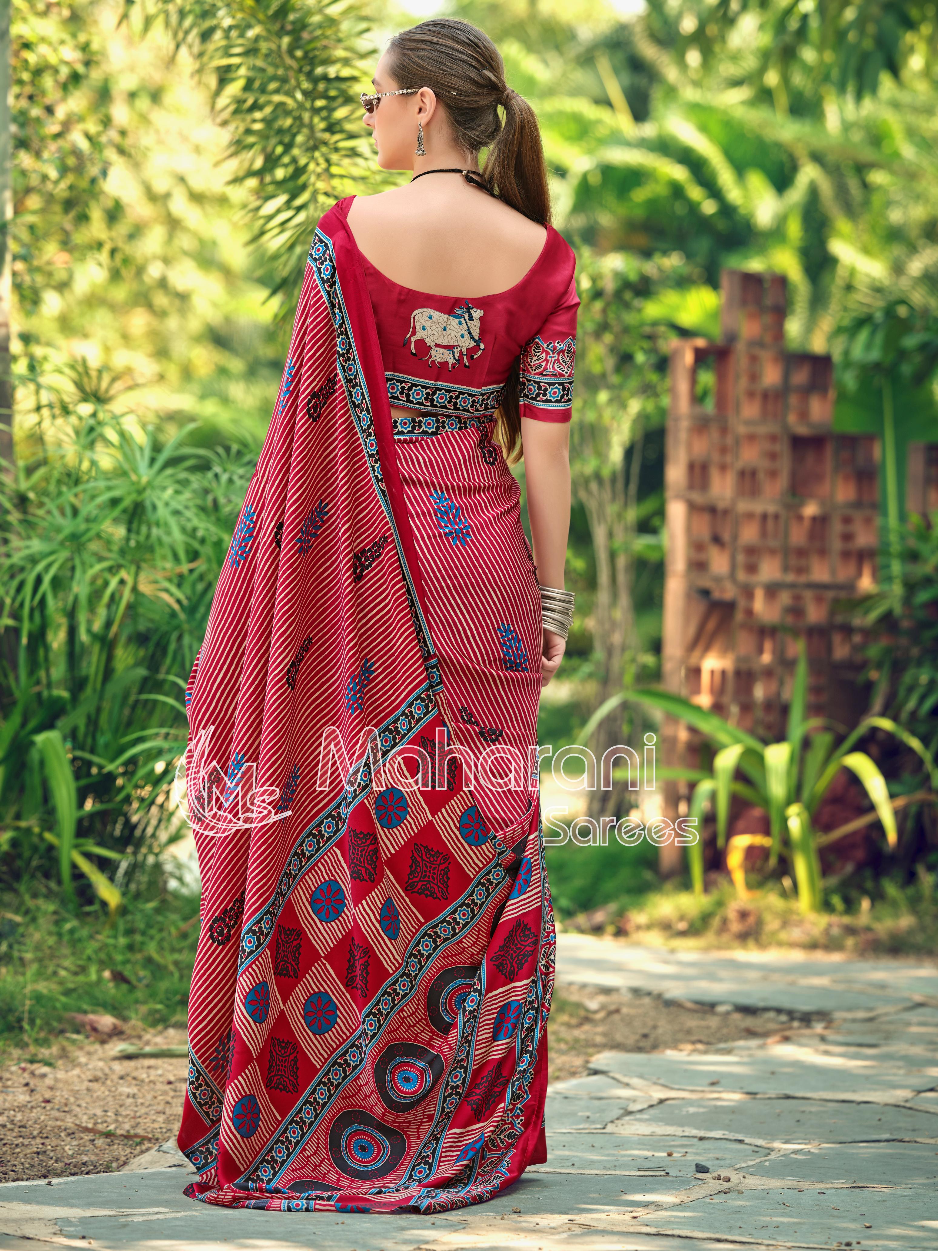 Fairytale Red Striped Ajrakh Hand-Printed Modal Silk Saree