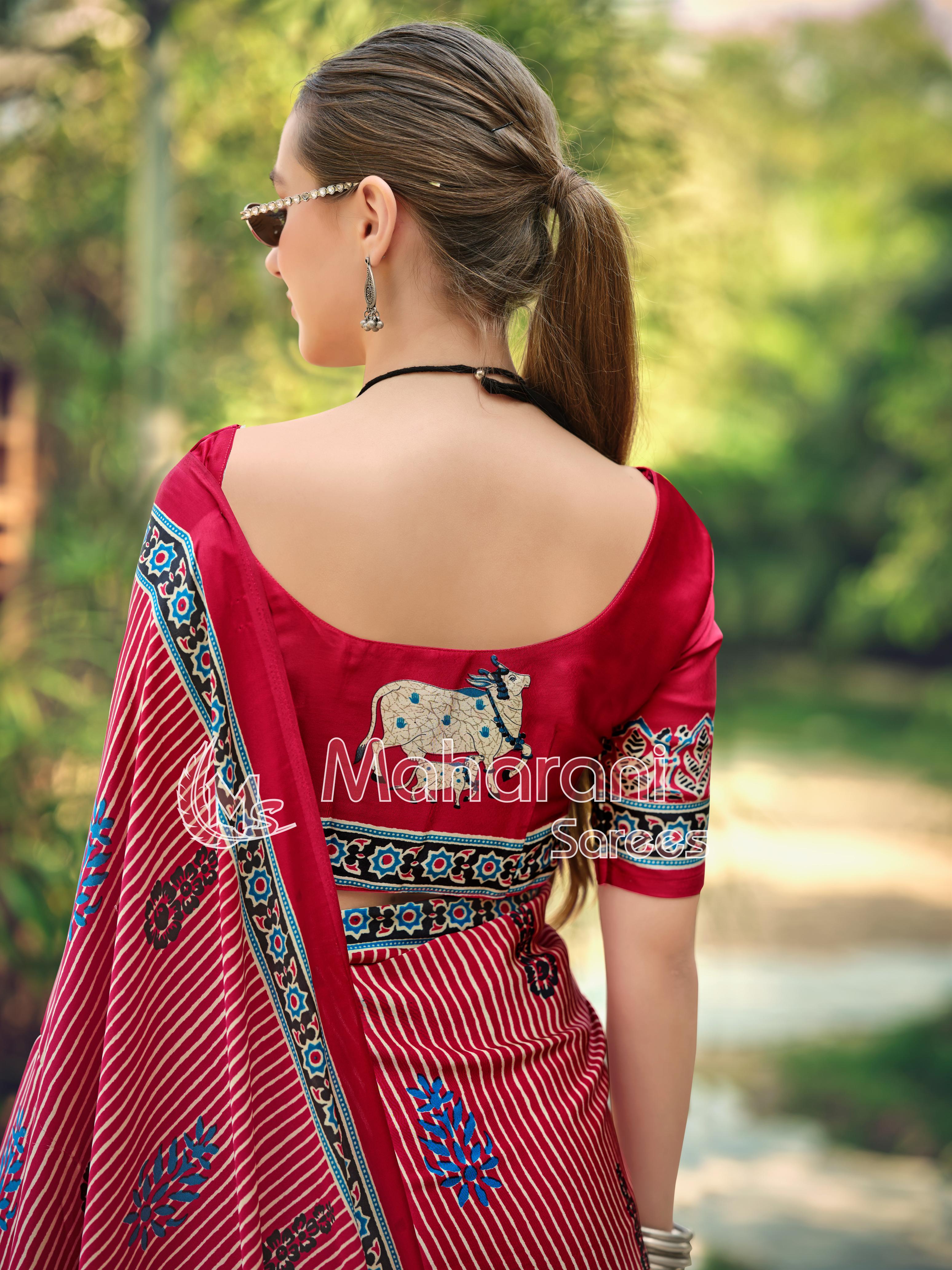 Fairytale Red Striped Ajrakh Hand-Printed Modal Silk Saree