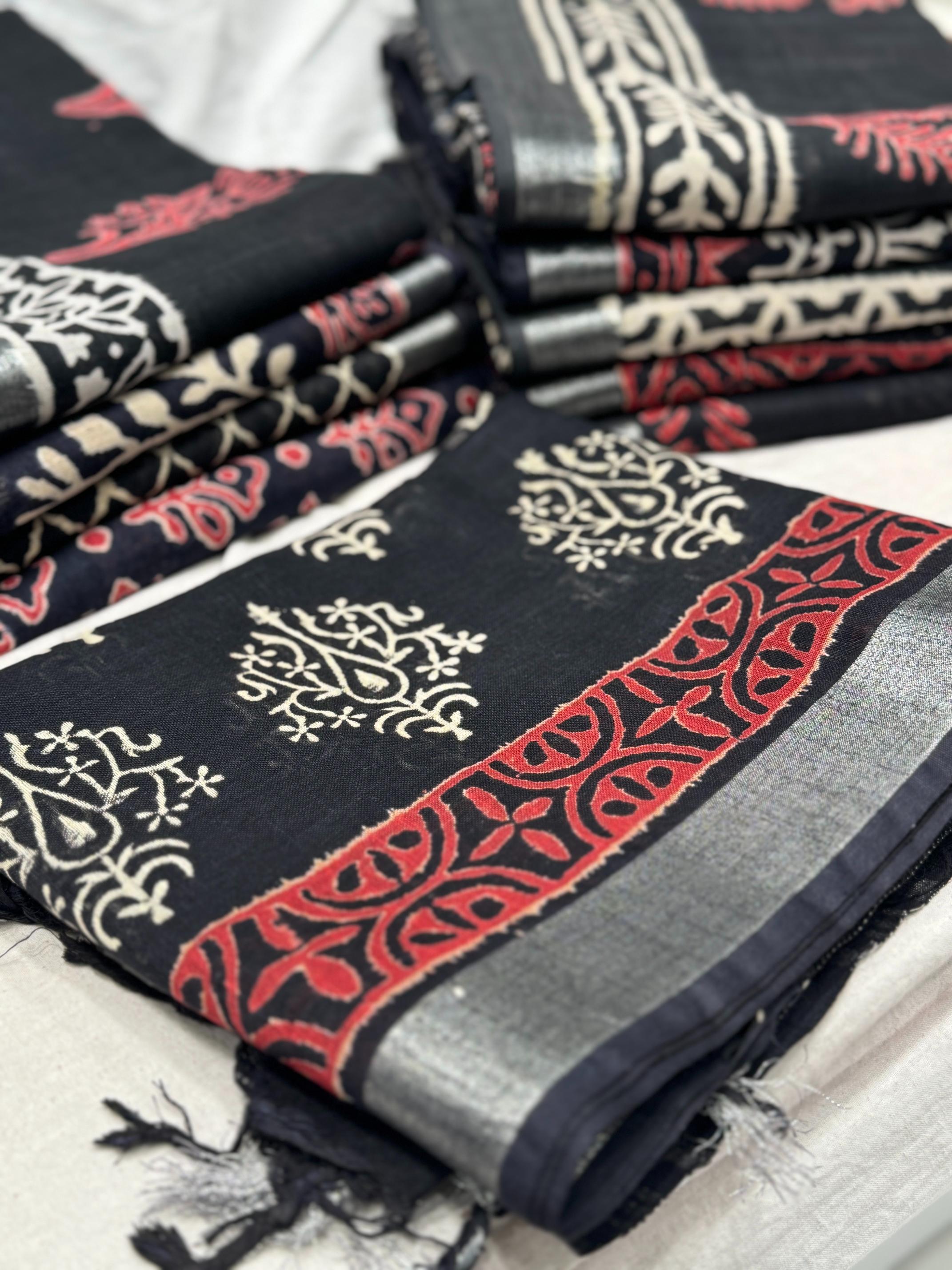 Black Color Pure Cotton Hand Block Print Saree