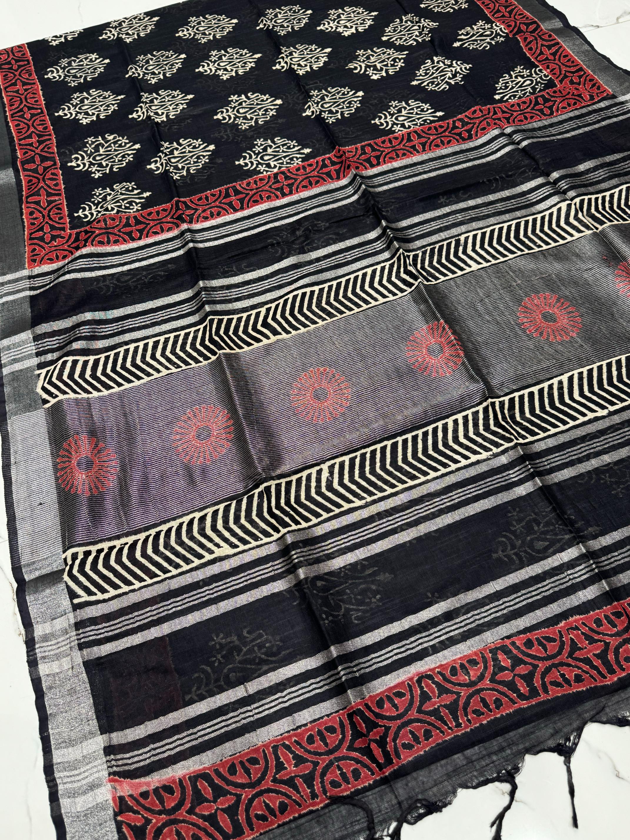 Black Color Pure Cotton Hand Block Print Saree