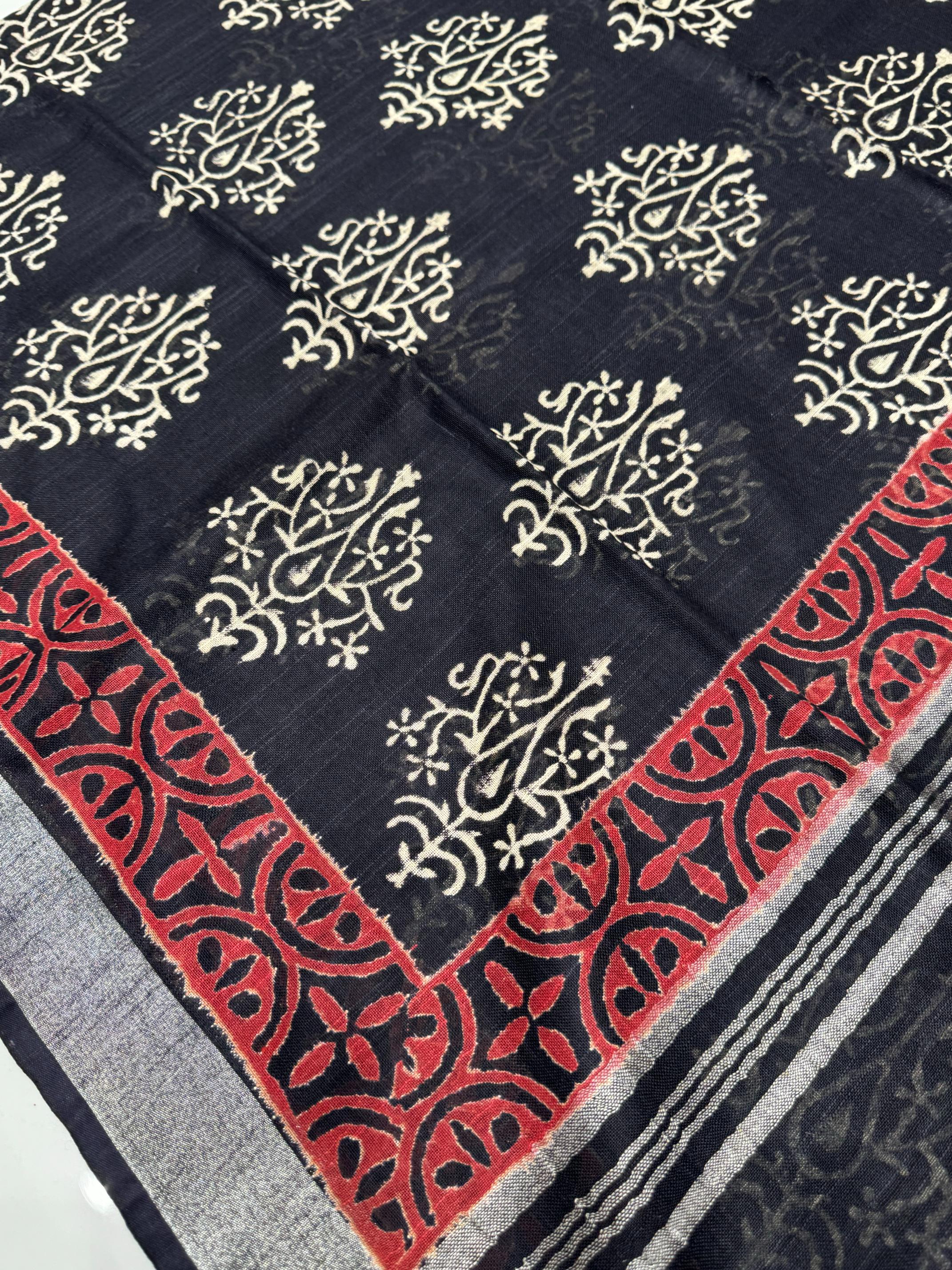 Black Color Pure Cotton Hand Block Print Saree