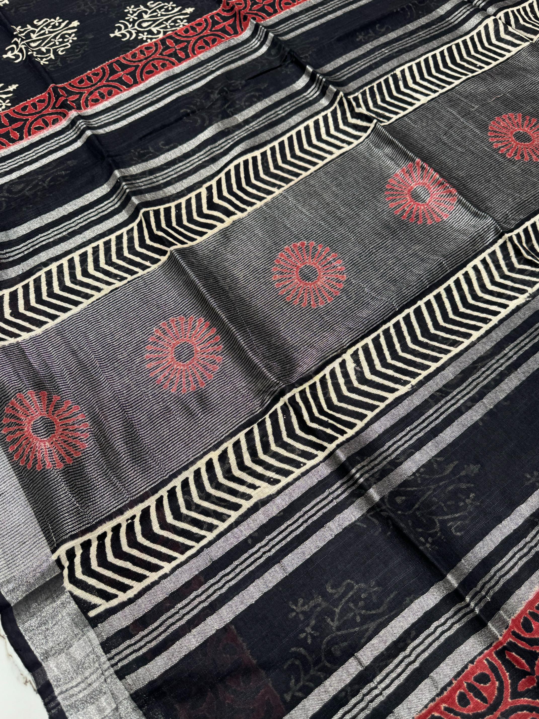 Black Color Pure Cotton Hand Block Print Saree