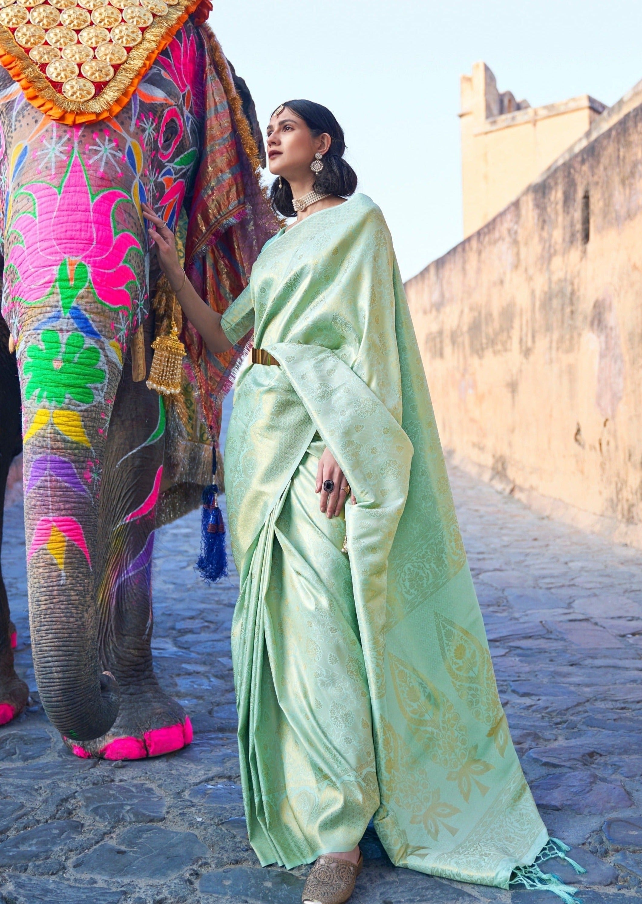 Pista Banarasi Jamawar Woven Silk Saree